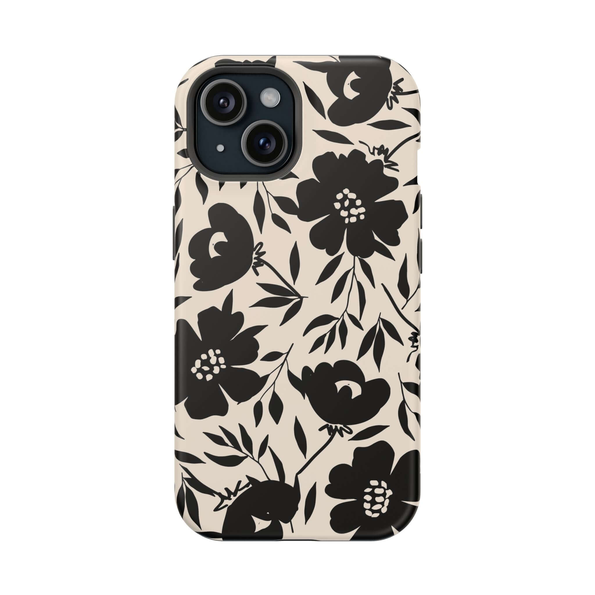 Eclipse Garden Black Floral iPhone 16 Case, Cute Phone Case with Bold Design