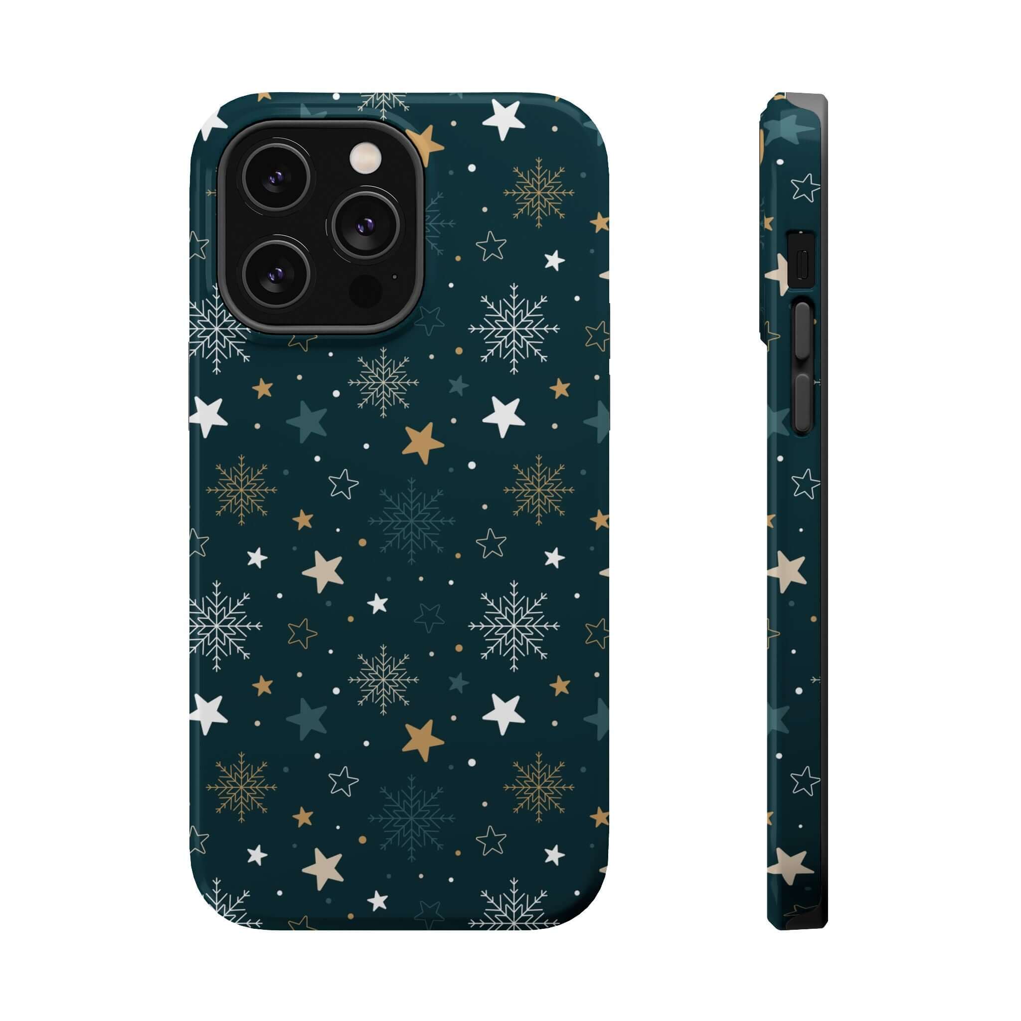 Festive Christmas phone case with snowflakes and stars, compatible with MagSafe technology, perfect holiday accessory.