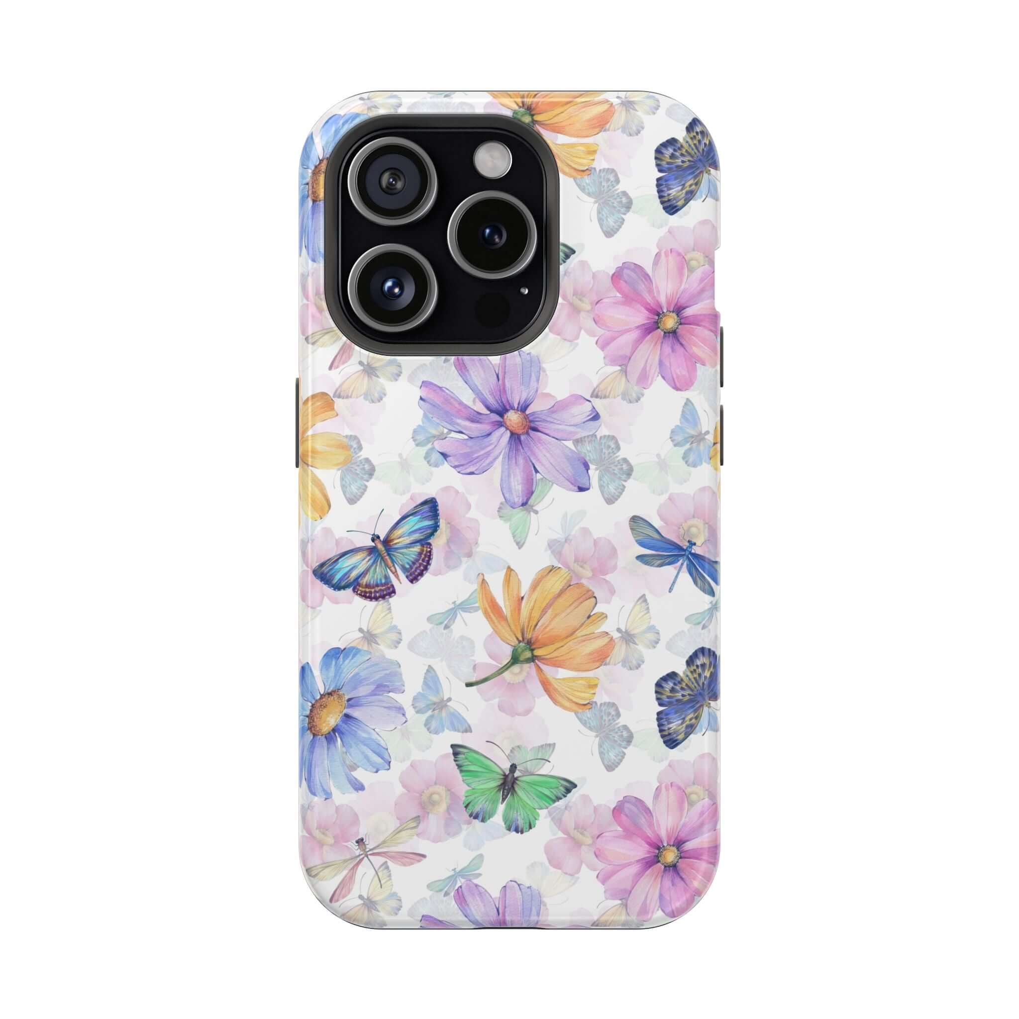 Cute MagSafe iPhone 16 Case with watercolor butterflies and flowers, whimsical protective phone case design