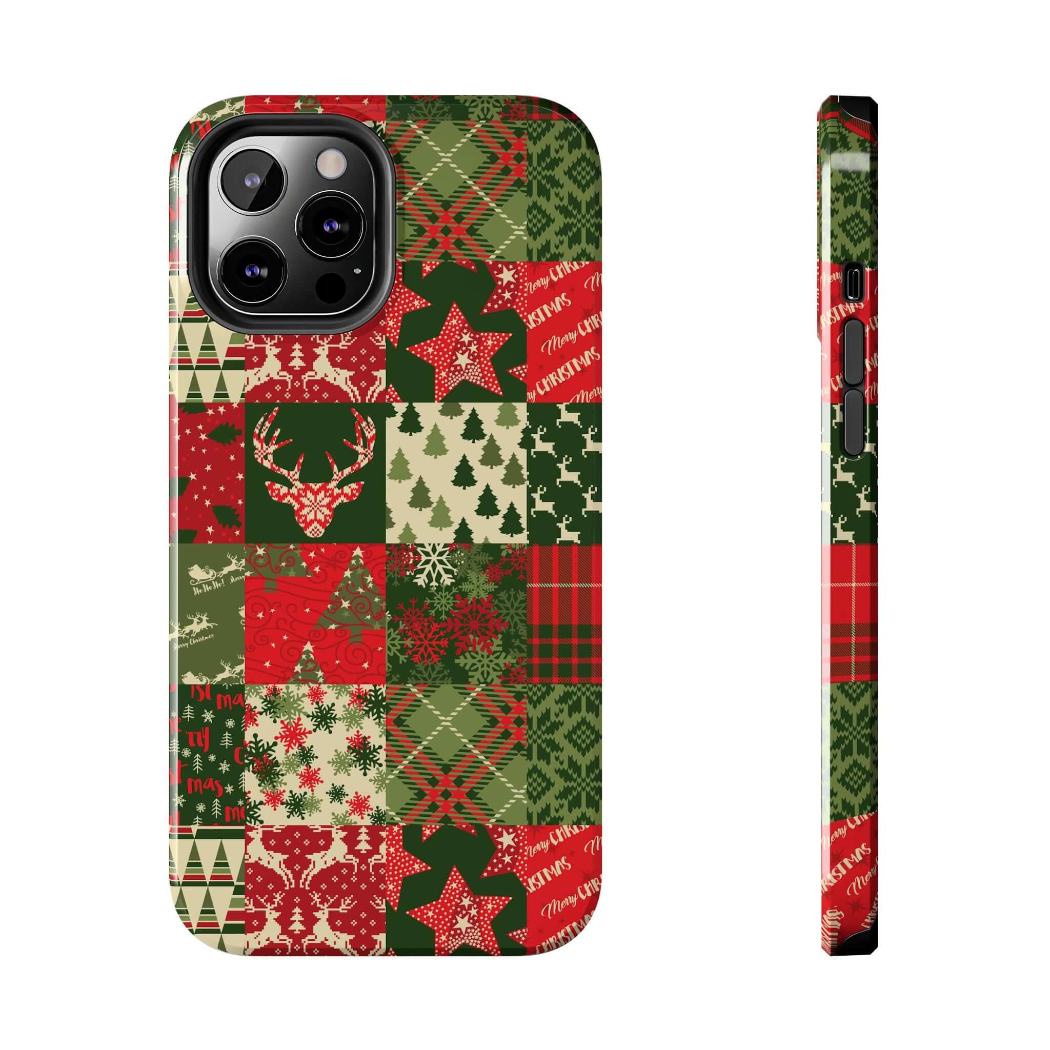 Cute iPhone case with green and red holiday patterns, featuring Christmas trees, reindeer, and snowflakes, perfect festive phone case.