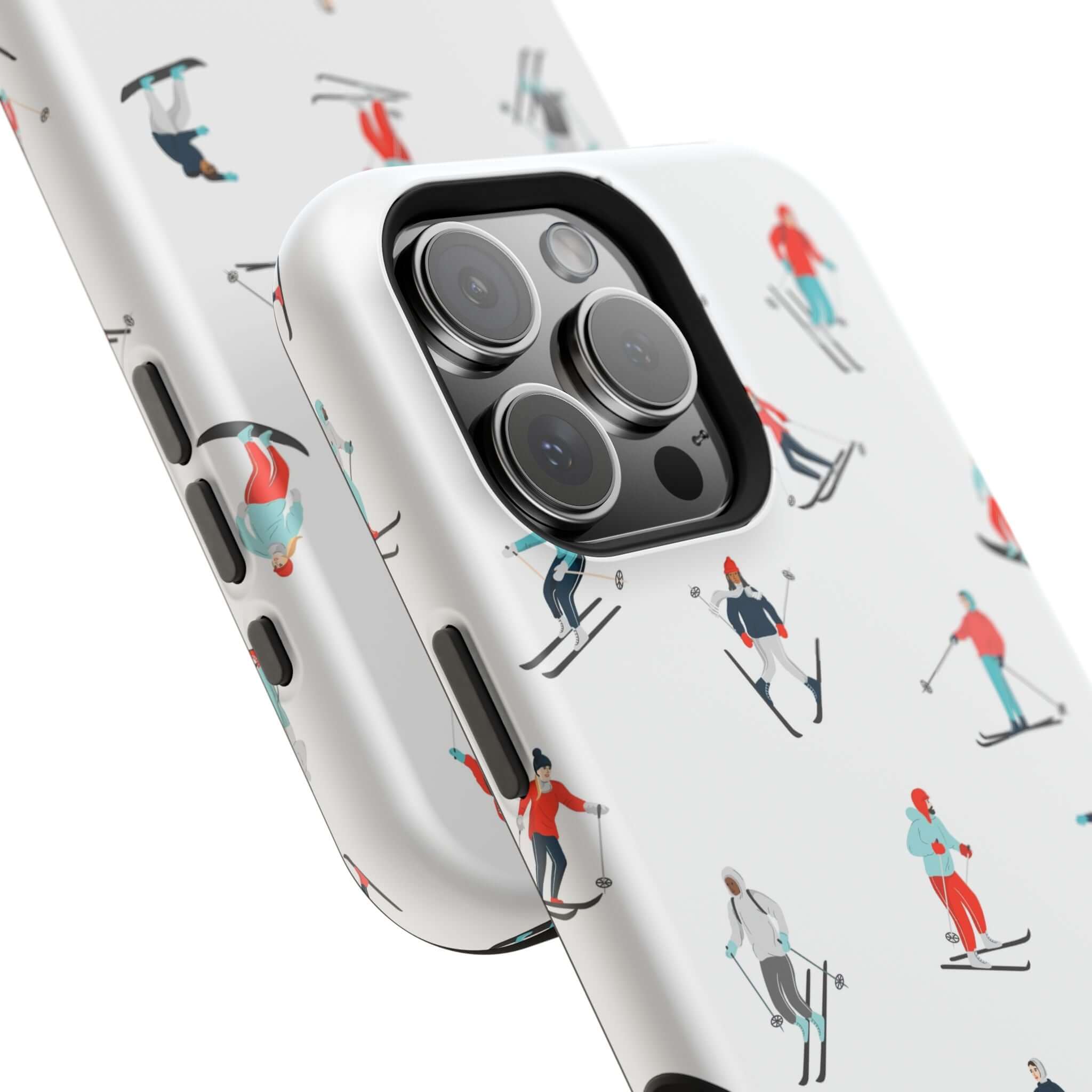 Cute phone case with winter sports design, perfect for iPhone and skiing enthusiasts, featuring skiers in action.