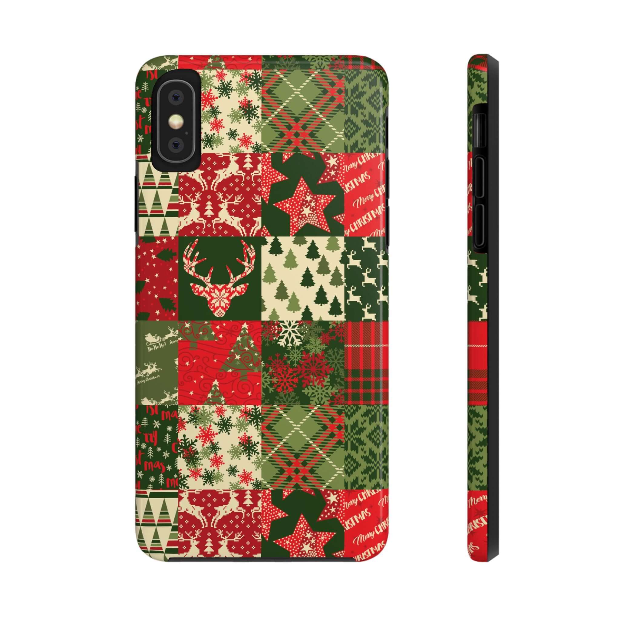 Cute iPhone case with green and red holiday quilt pattern, featuring Christmas trees, snowflakes, and festive designs. Cozy and stylish.