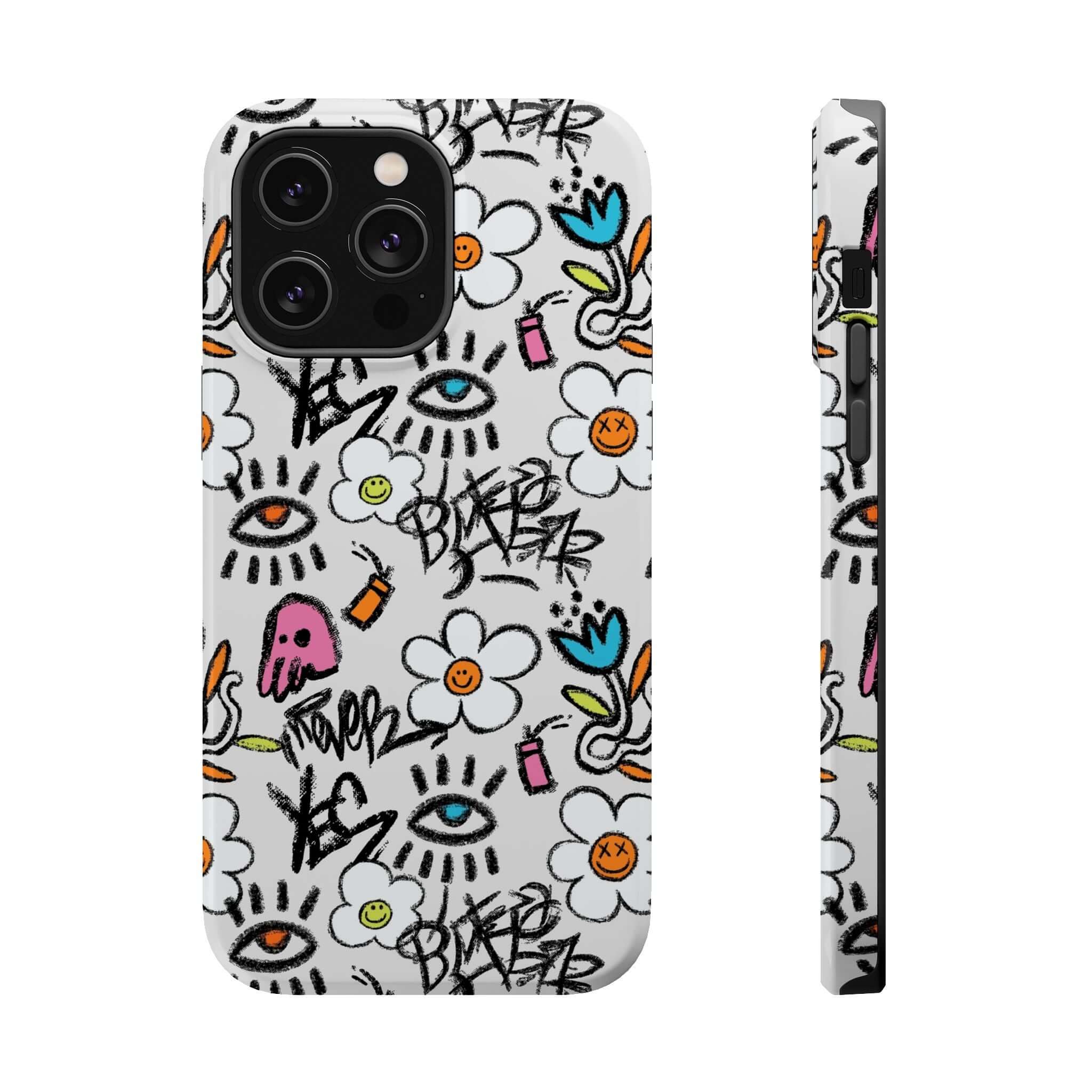 Cute phone cover with vibrant floral graffiti design for iPhone, featuring artistic doodles and playful colors.