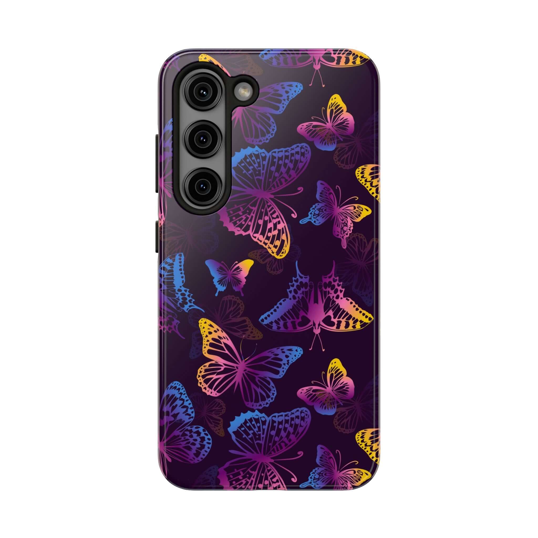 Midnight Flutter black MagSafe iPhone case with colorful butterfly design, a cute floral phone cover for butterfly lovers.