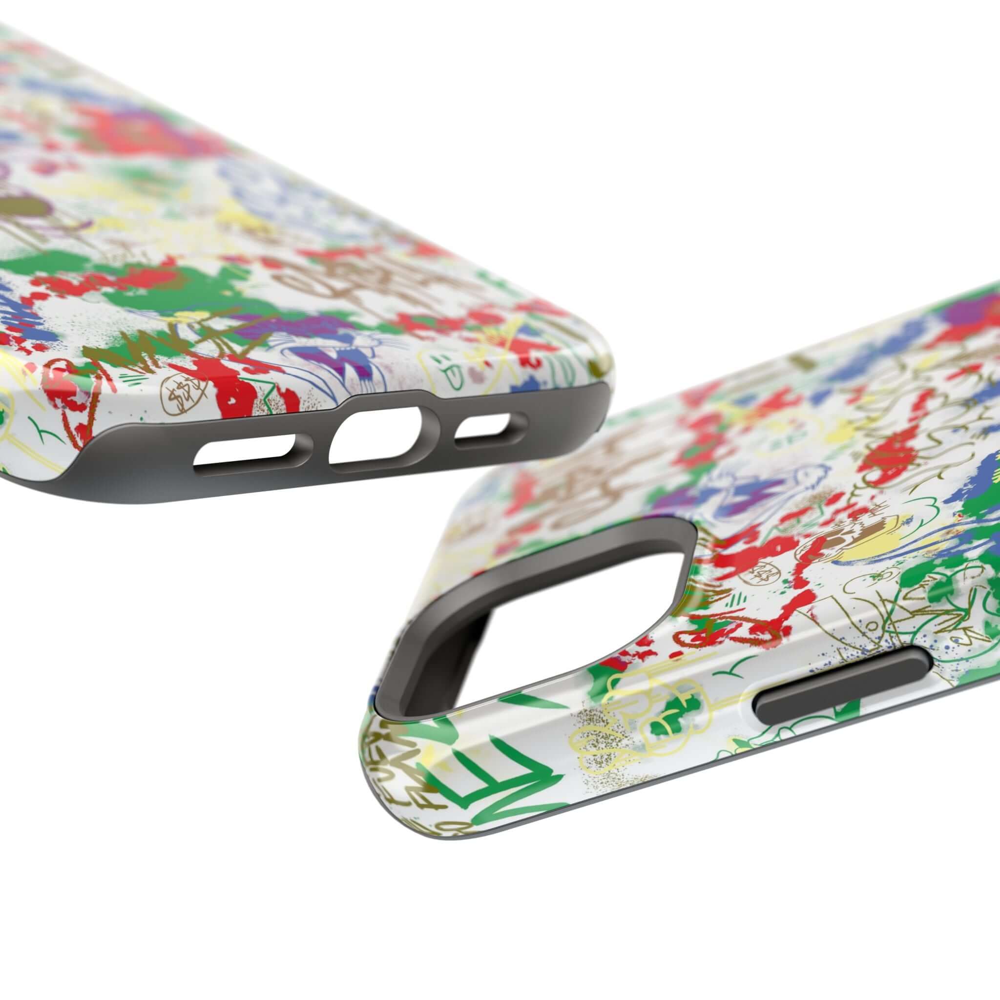 Colorful graffiti phone case design with vibrant street art, showcasing MagSafe technology for iPhone protection.