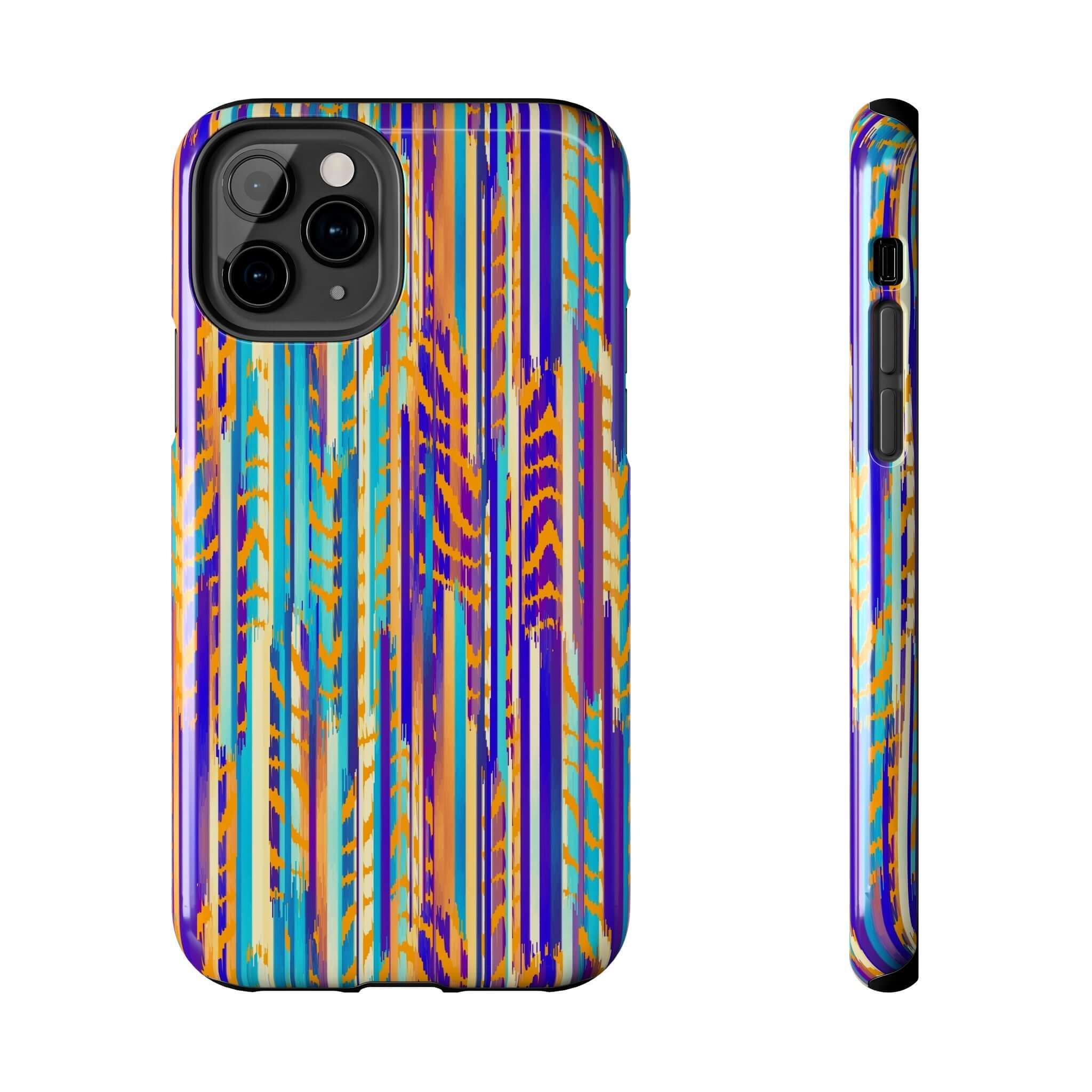 Colorful abstract iPhone case with vibrant tie dye pattern, featuring vertical stripes of blue, yellow, and purple.