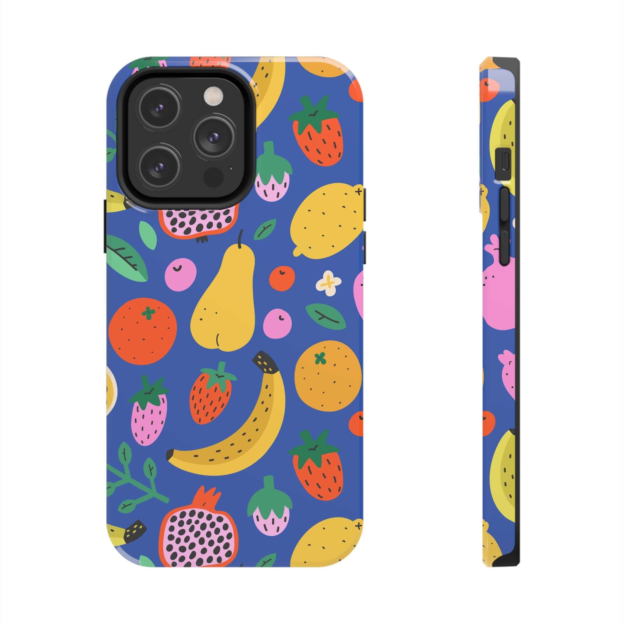 Cute phone cover with a tropical fruit design on a blue background, perfect for Apple iPhone. Ideal for summer vibes!