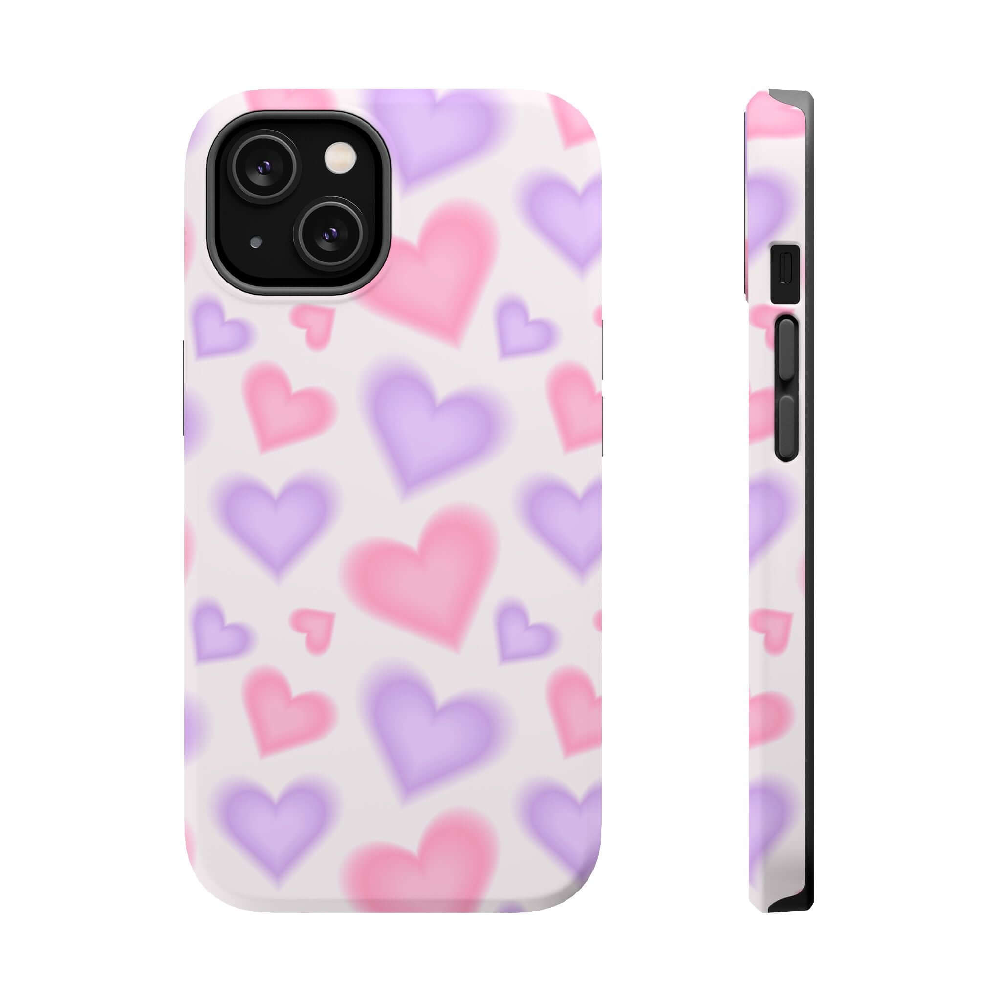 Cute pink and purple heart pattern phone case, perfect Apple iPhone cover for adding love and style to your device.