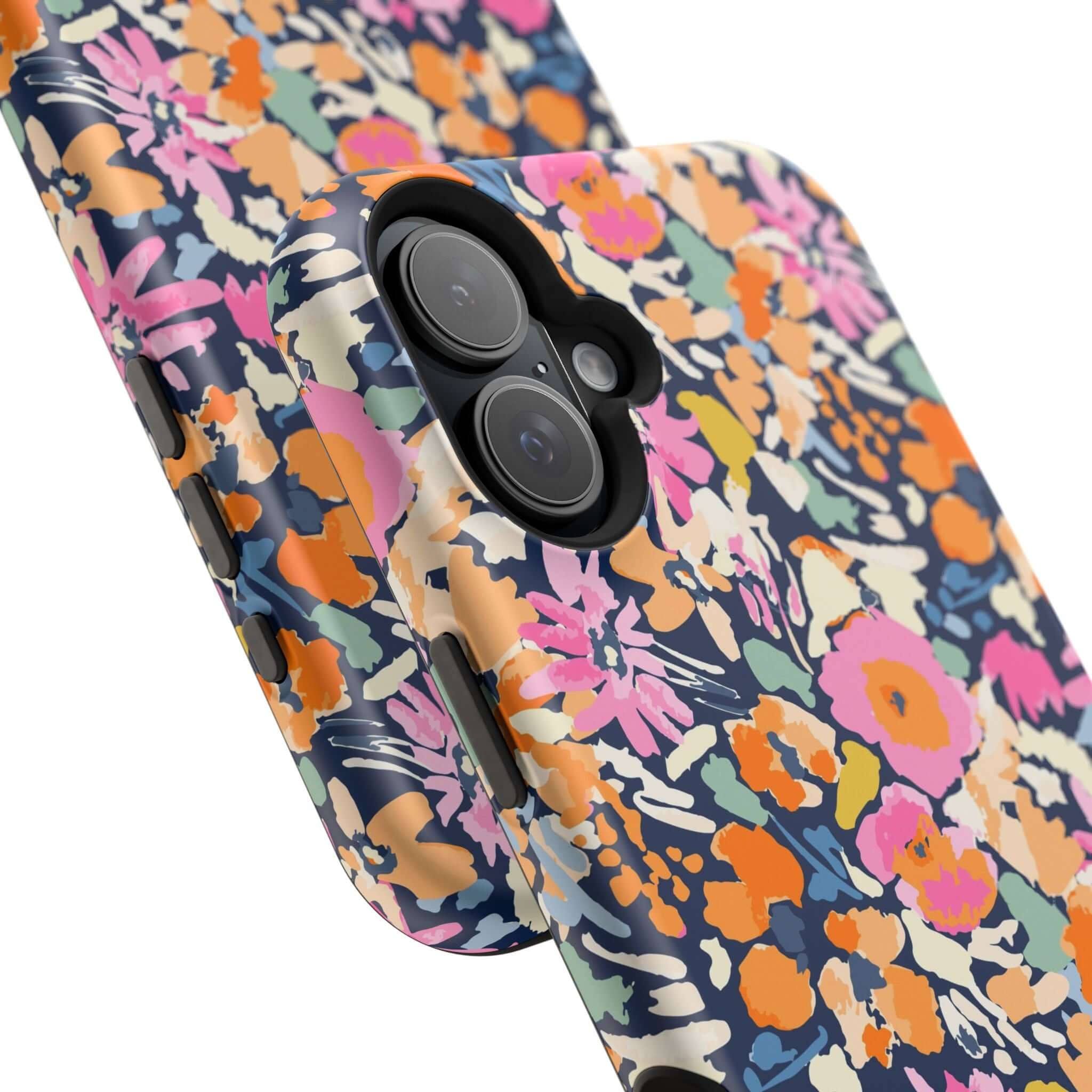 Botanic Burst cute MagSafe iPhone 16 case with colorful floral design, stylish and protective phone case