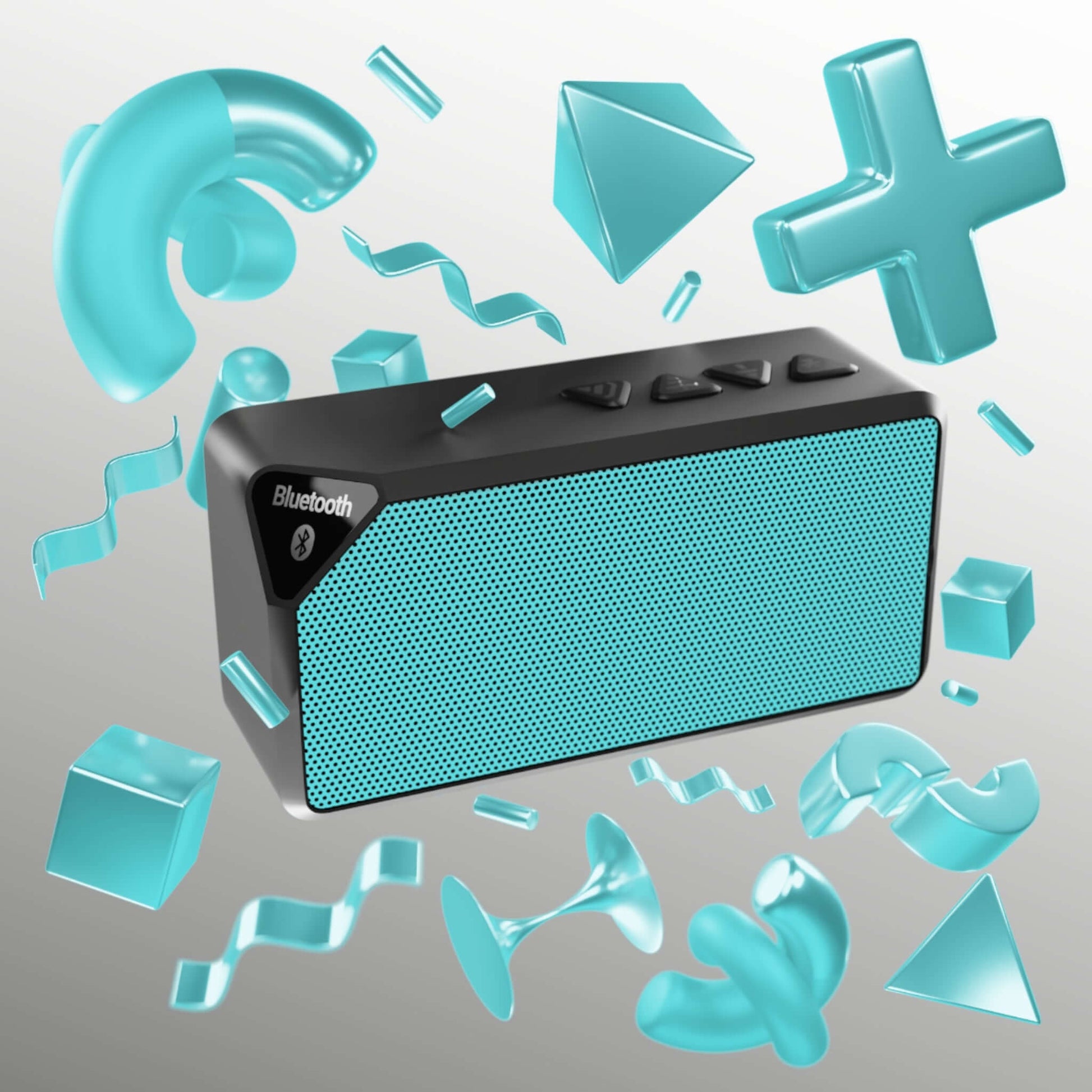 Teal Bluetooth Speaker with playful geometric design and features for travel, beach days, and parties; durable and rechargeable.