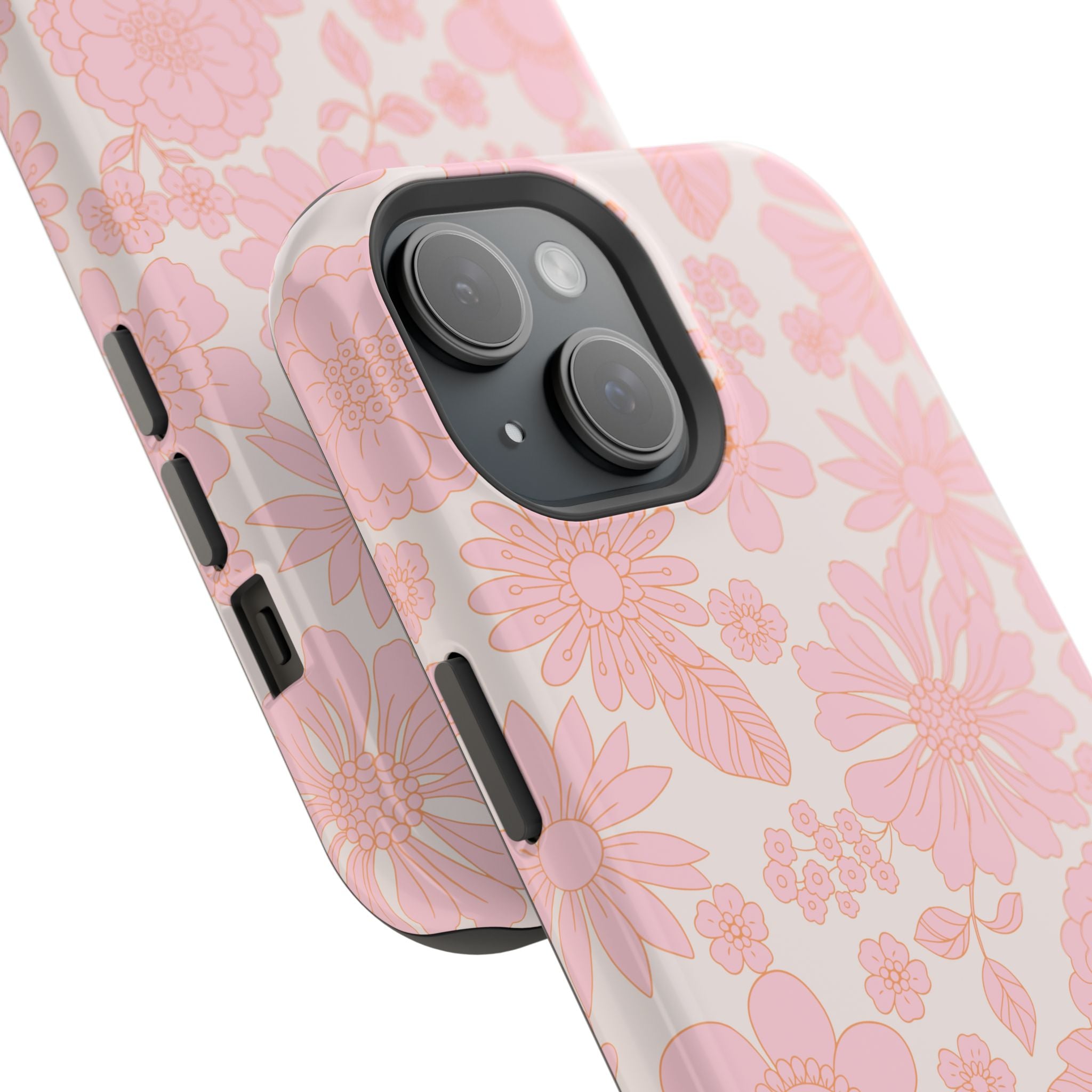 Pink floral MagSafe phone case for iPhone 16 with charming petals design, perfect for a cute cottagecore aesthetic and full protection.