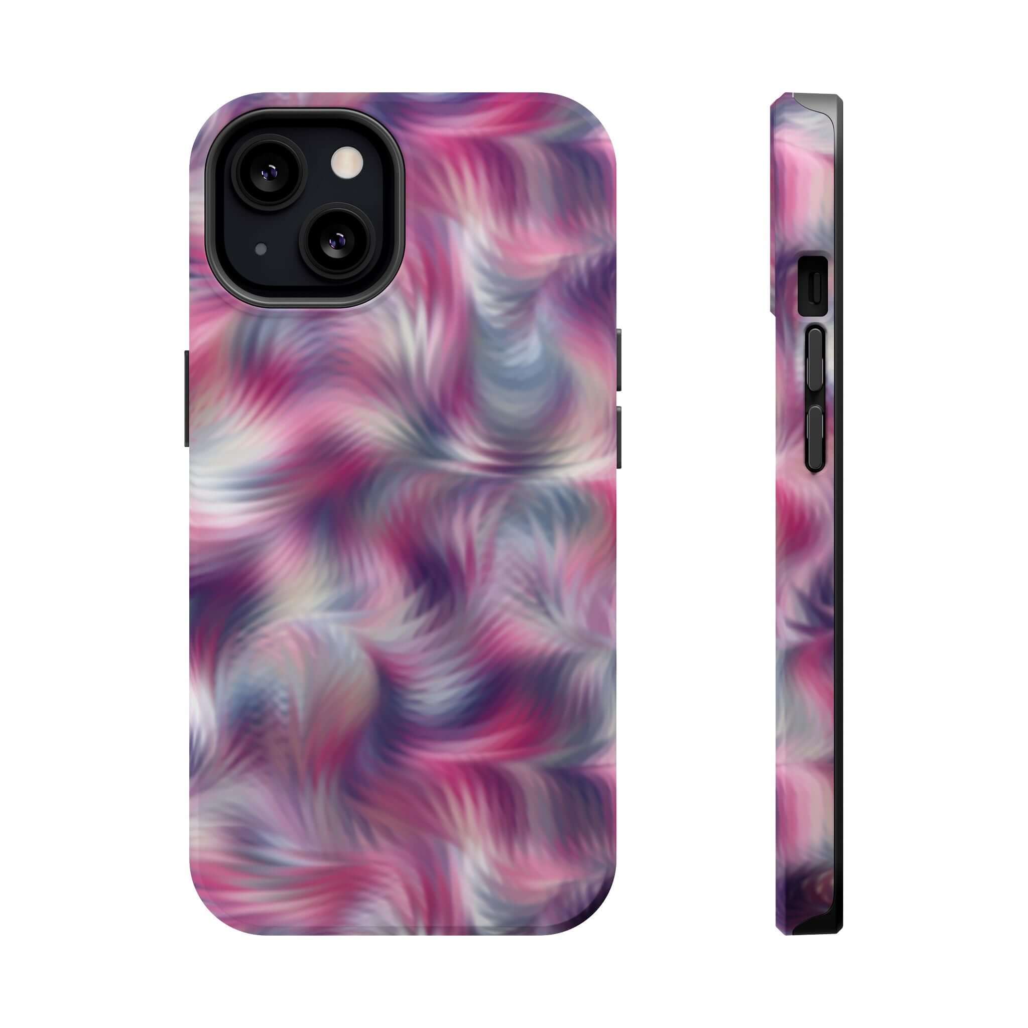 Purple abstract MagSafe iPhone case with cute tie dye swirl design, perfect quirky phone cover to showcase playful personality.