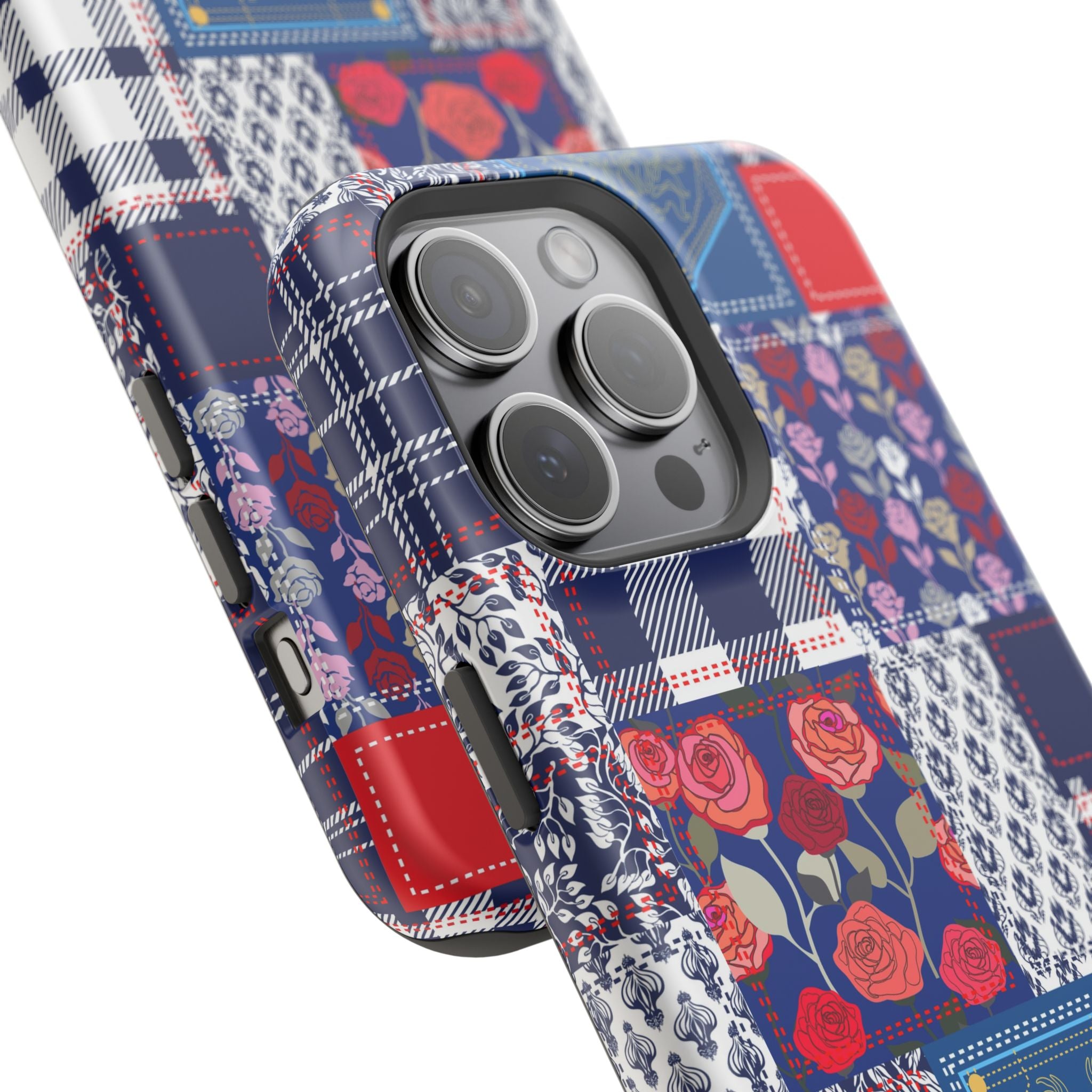 Crimson Bloom | Blue Patchwork Case