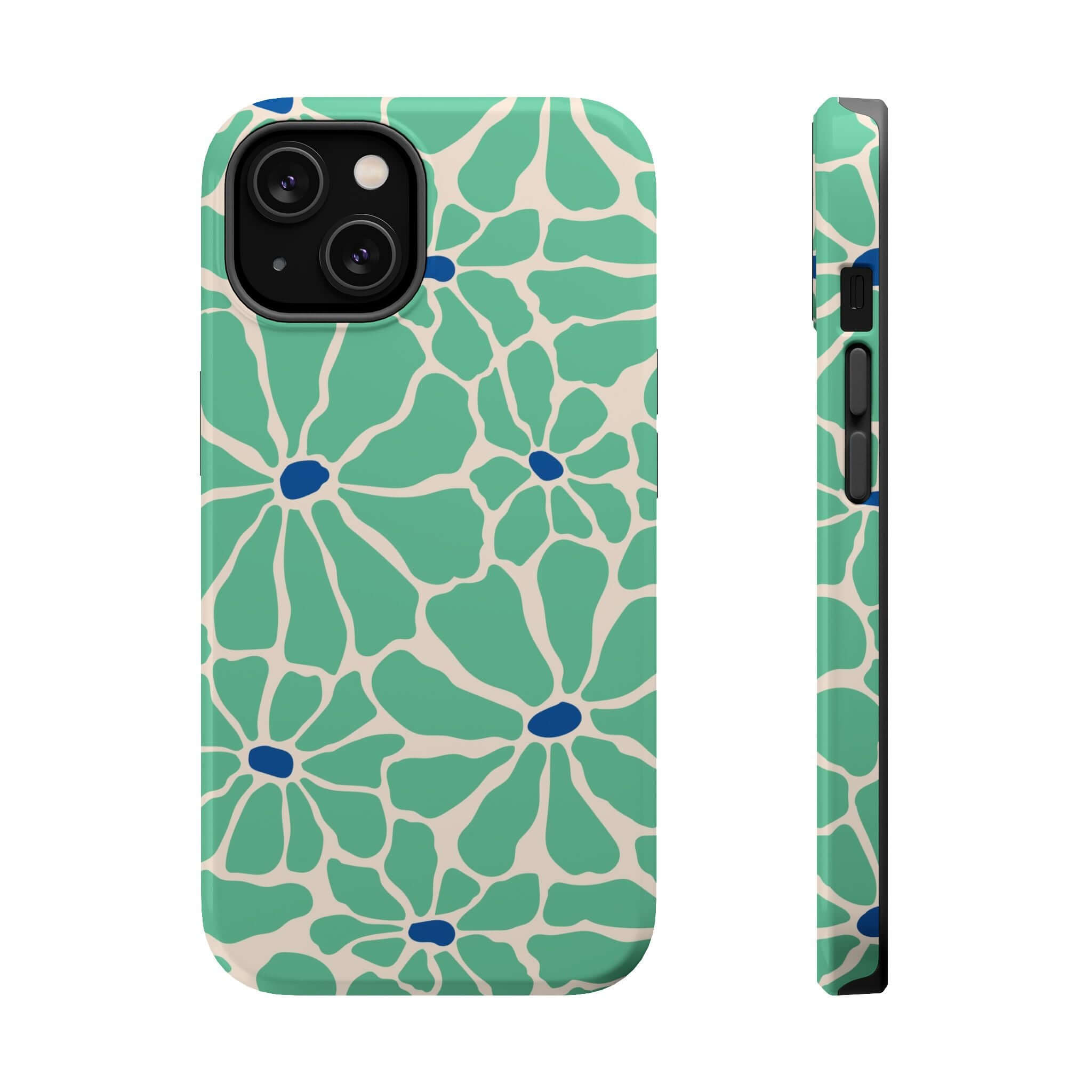 Cute Retro Floral Phone Case for Apple iPhone, featuring a tropical green design with blue accents. Perfect for style and protection!