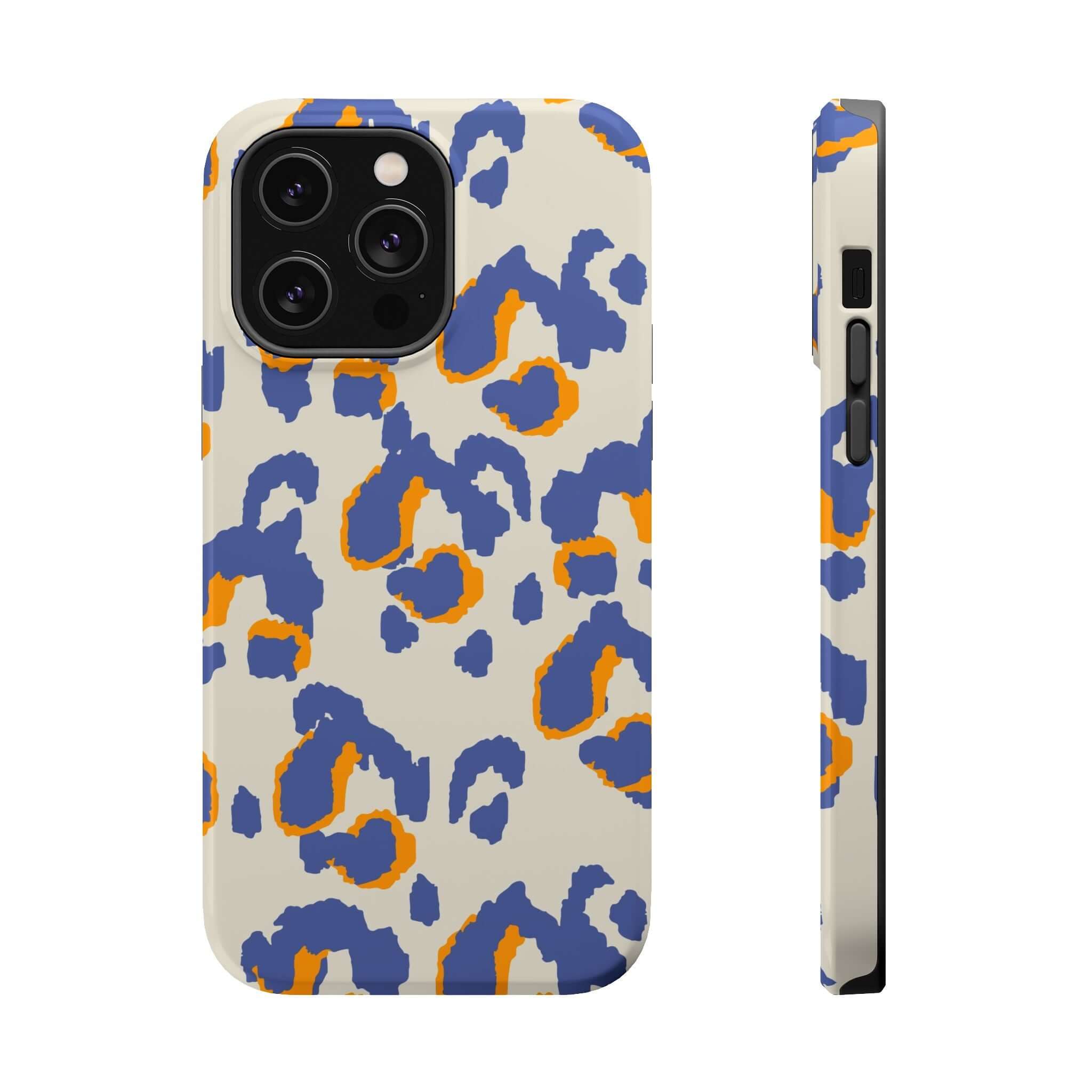 Blue Leopard MagSafe iPhone Case with Wild Orange Accents - Colorful and Cute Abstract Design for a Stylish, Standout Phone Accessory