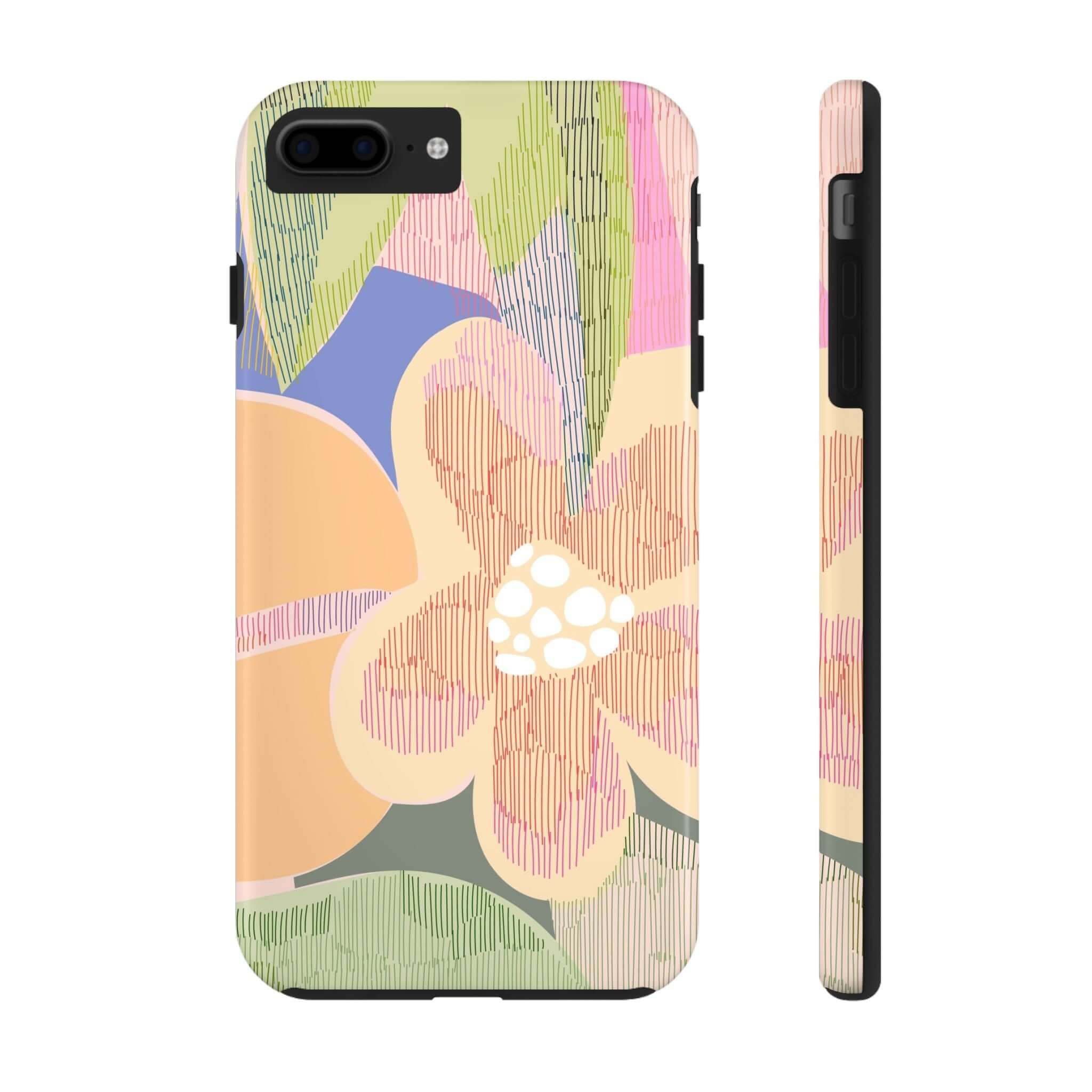 Colorful iPhone case with abstract floral design, featuring palm trees and vibrant colors, suitable for iPhone 14 Pro Max or Samsung S23.