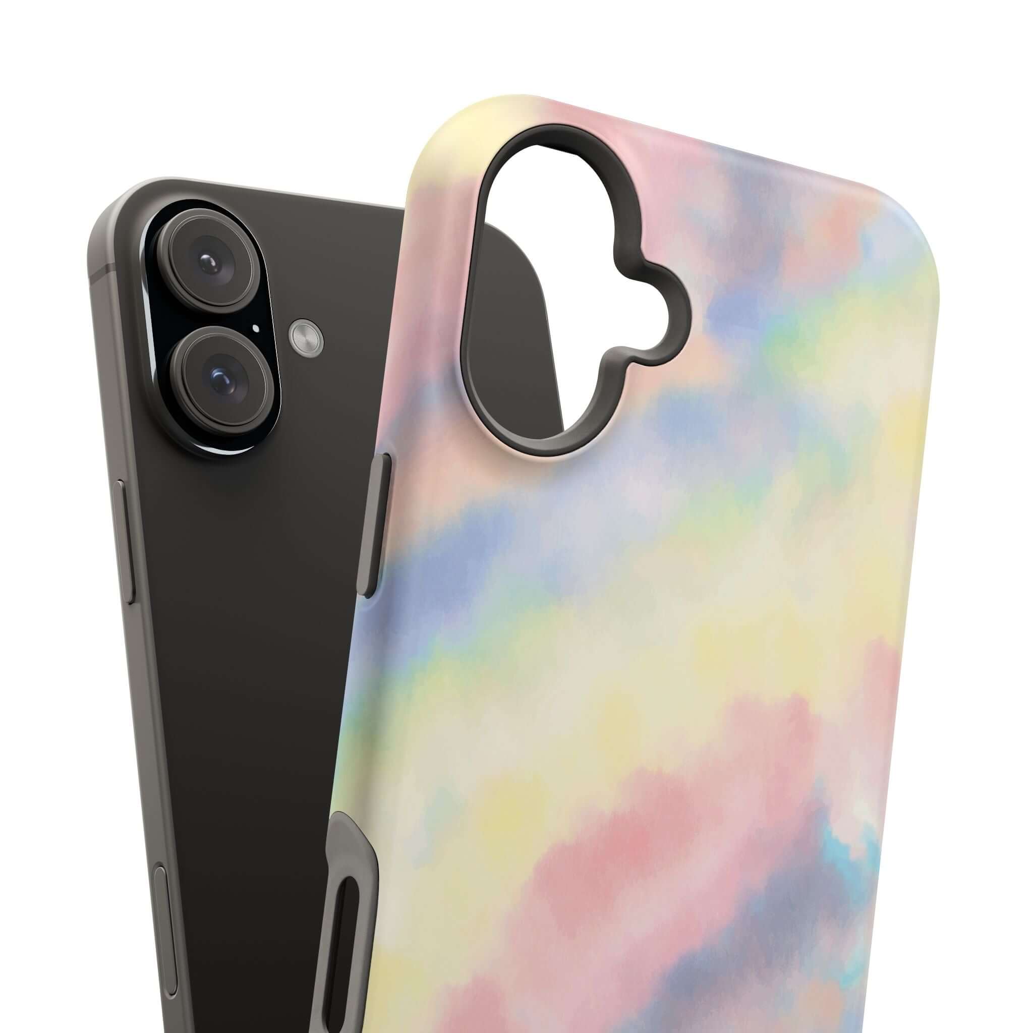 Cute iPhone case with pastel tie dye design, featuring MagSafe compatibility. Ideal for custom phone case style.