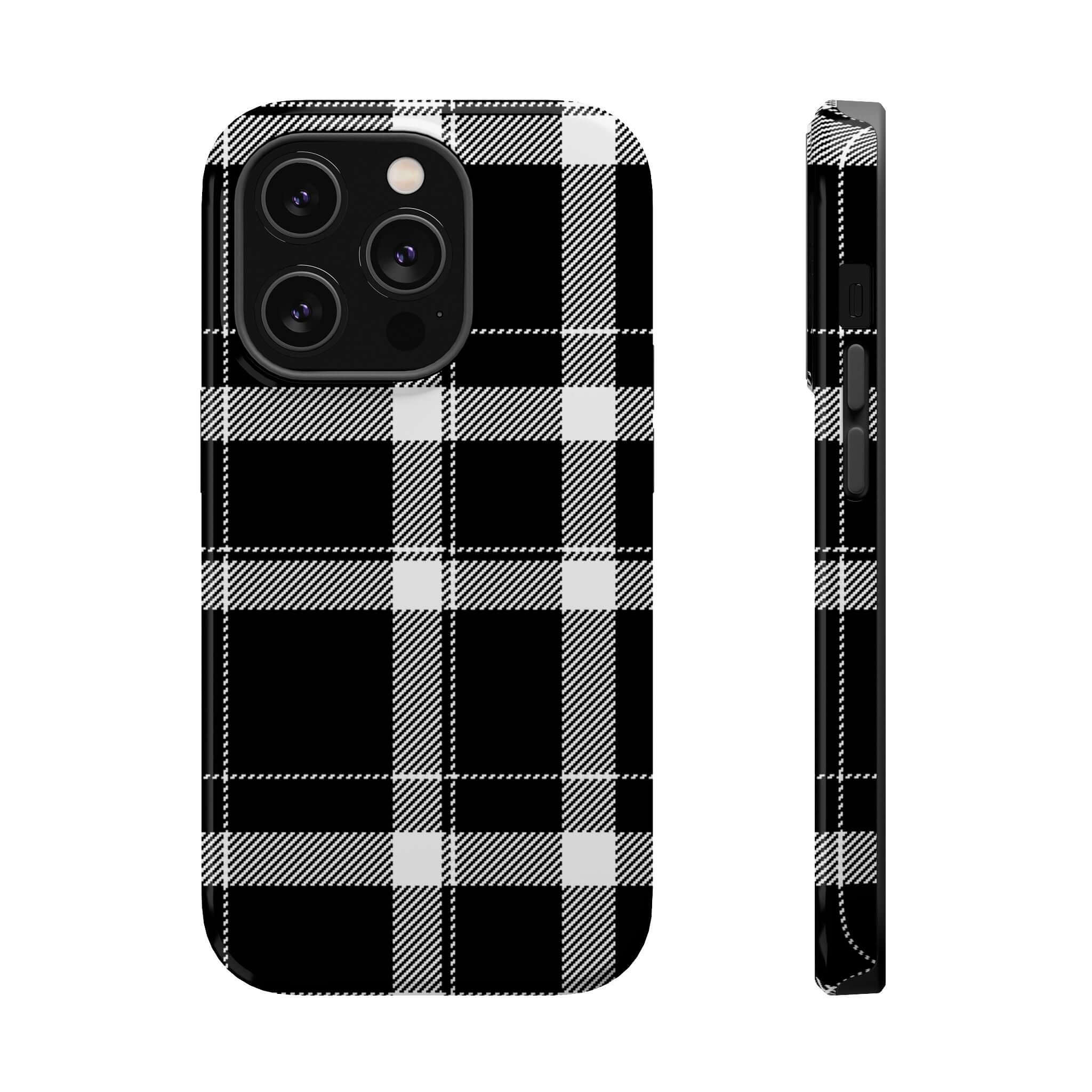 Stylish black plaid phone case for Apple iPhone, offering a cute and classic look while protecting your device.