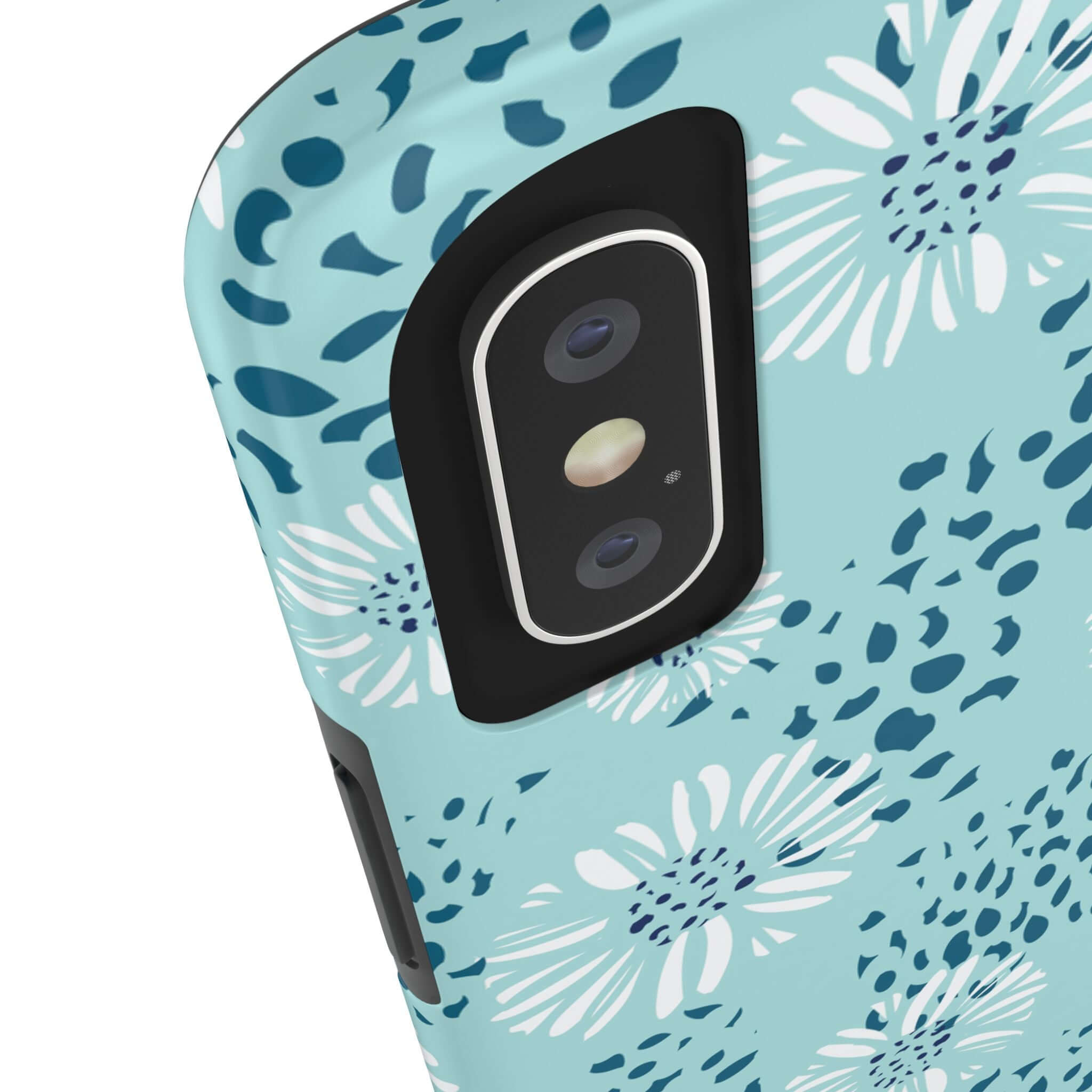 Close-up of a teal Floral Beach phone case with white flowers, compatible with iPhone and Samsung, colorful and cute summer design.