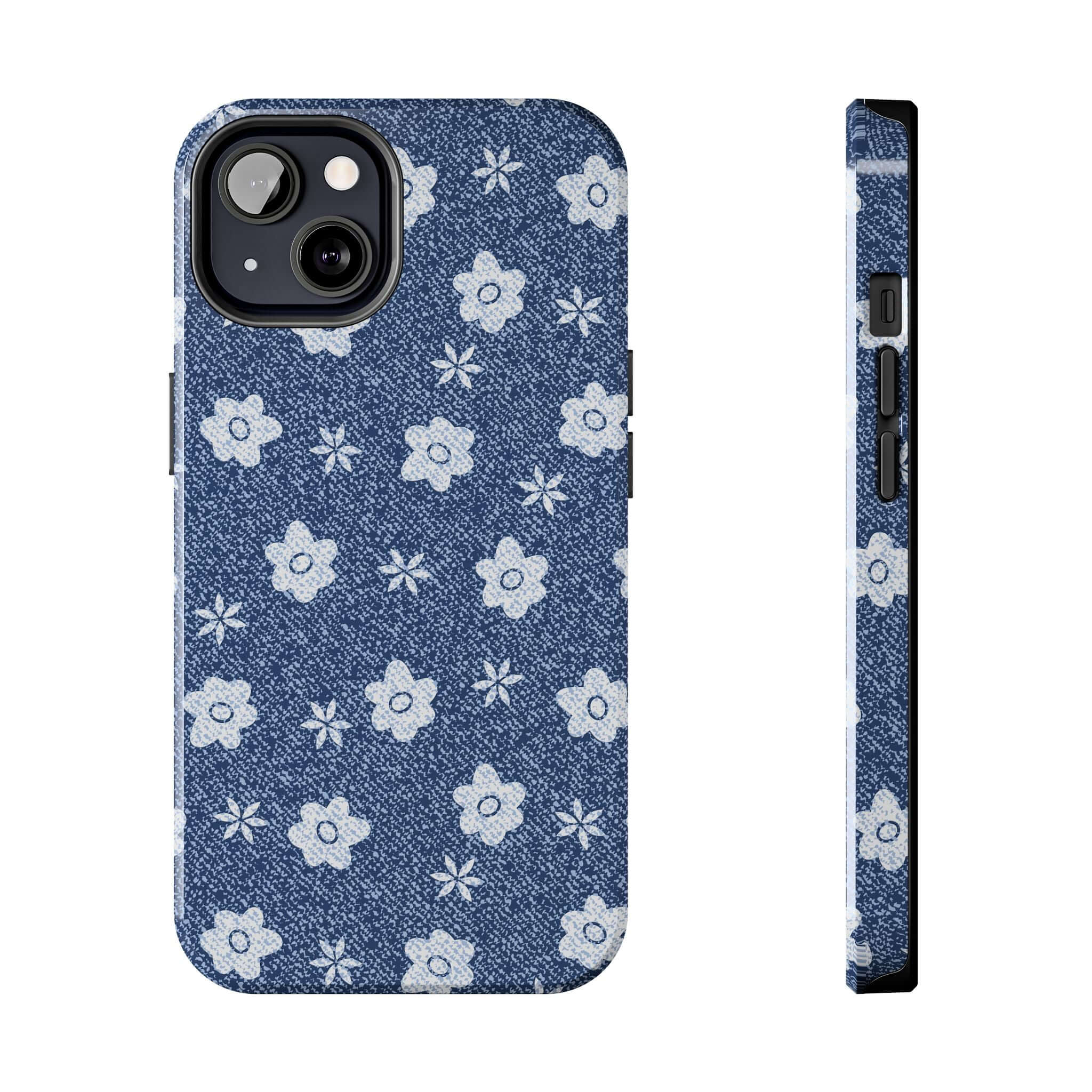 Daisies denim phone case for iPhone 14 Pro Max with cute daisy design, available with free shipping.