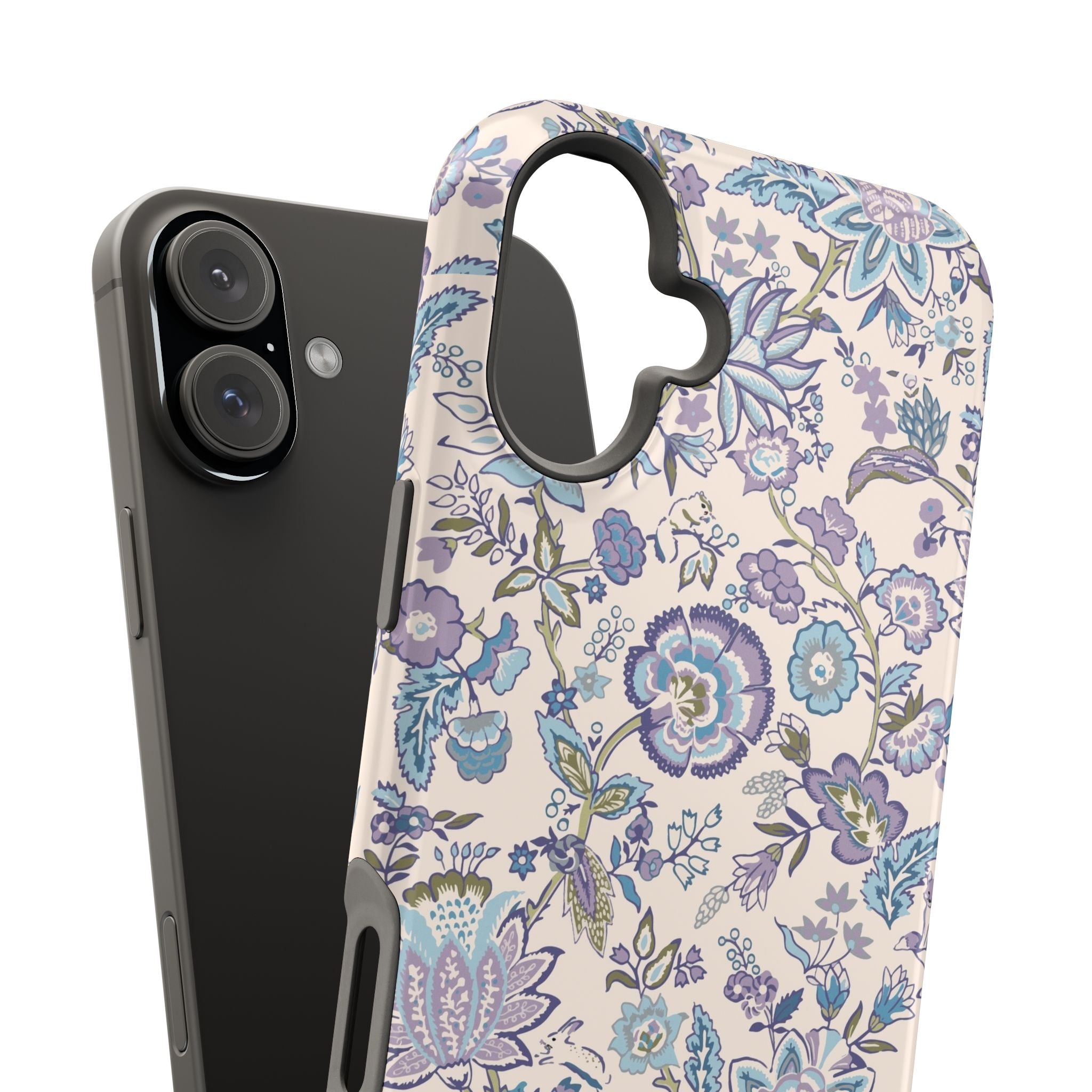 Whimsical blue CottageCore floral MagSafe iPhone case, perfect cute phone cover for nature lovers, shown on an iPhone.