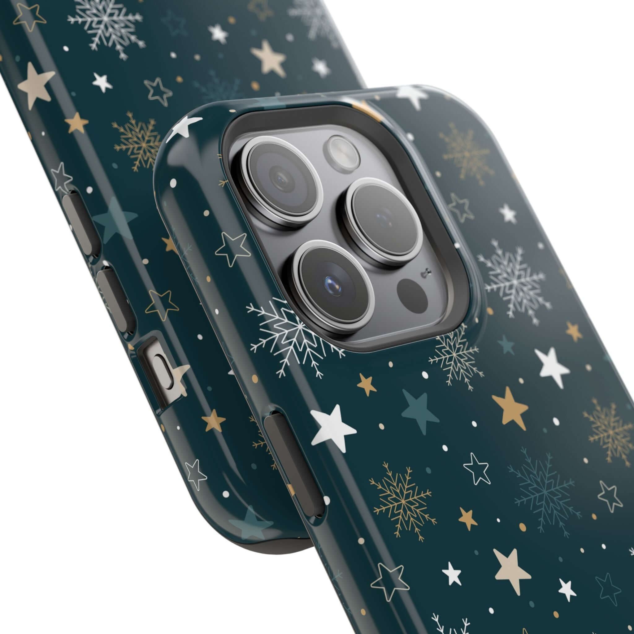 Christmas-themed MagSafe phone case with stars and snowflakes, perfect holiday accessory for secure charging and festive cheer.