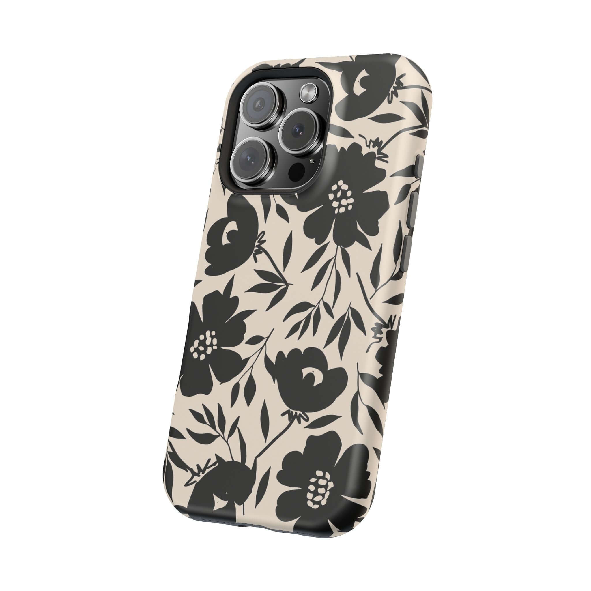 Eclipse Garden Black Floral iPhone 16 Case, Cute Phone Case with Bold Flower Design