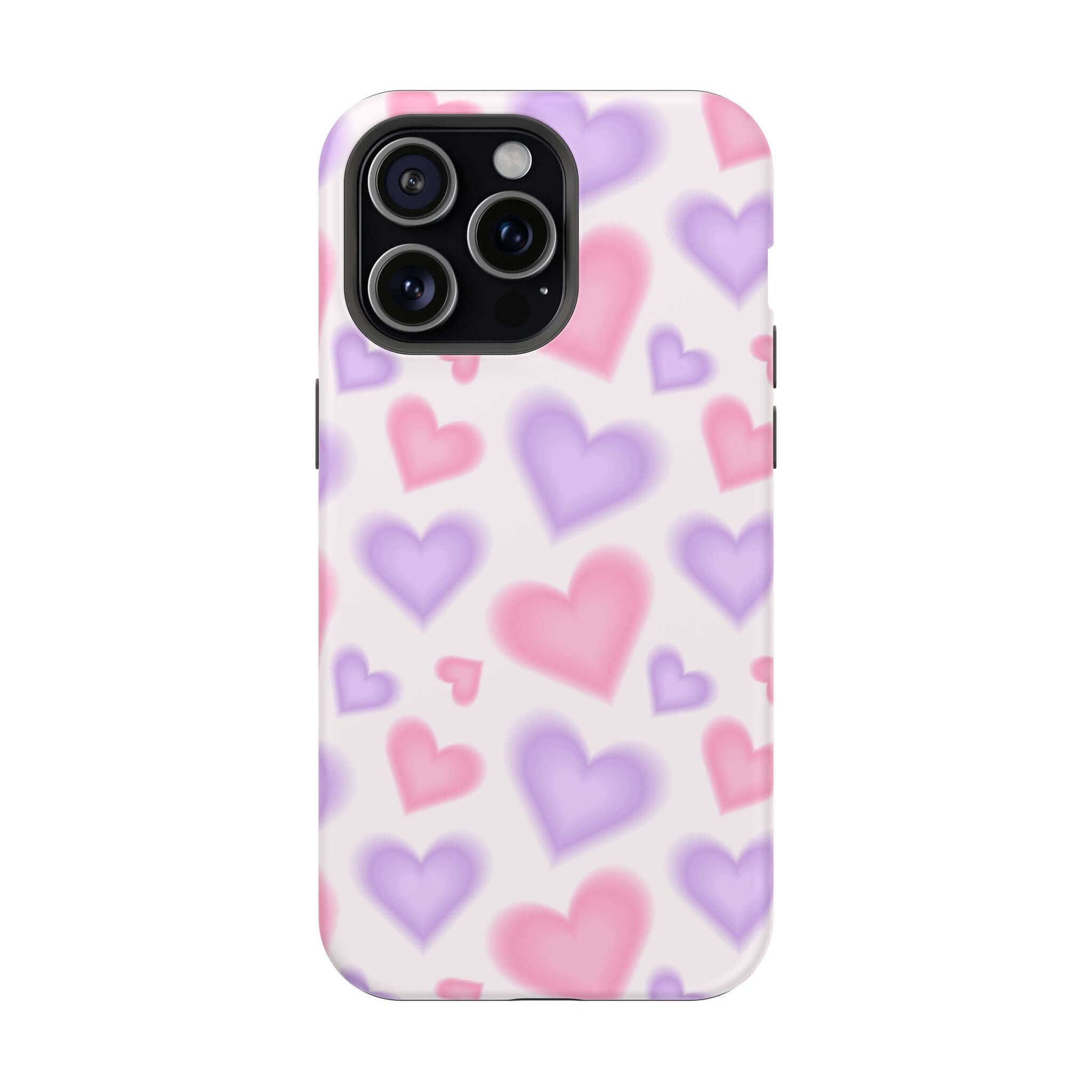 Cute phone cover featuring blurred pink and purple hearts, perfect for protecting your Apple iPhone in style.