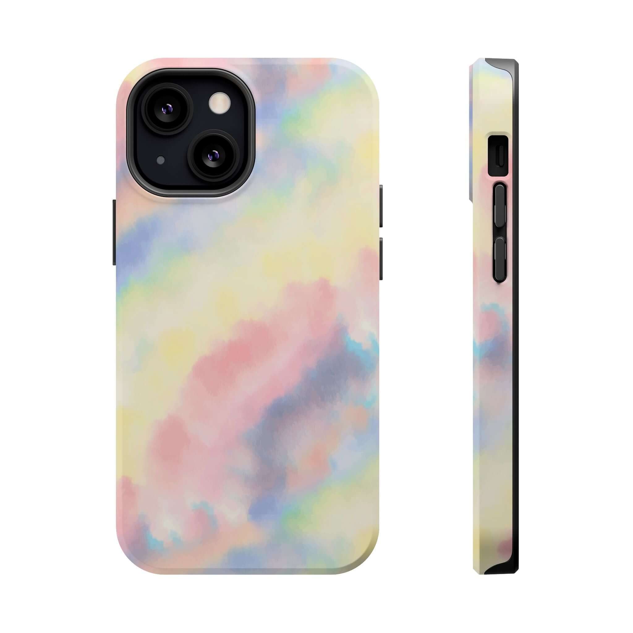 Cute pastel tie dye iPhone case with MagSafe, Unicorn Dreams, vibrant phone case design, custom iPhone accessory.