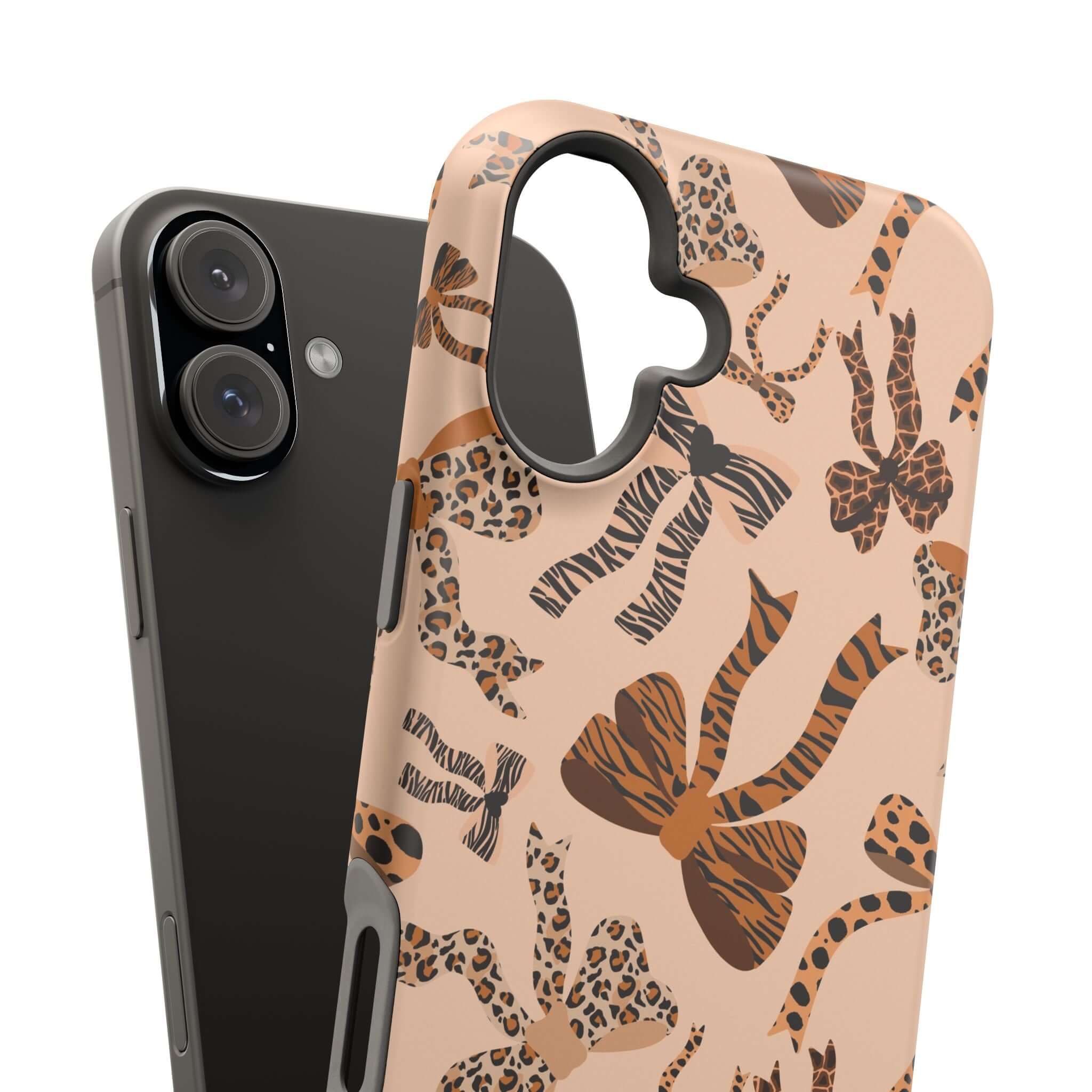 Colorful iPhone case with cute leopard bows, abstract design. Safari Coquette MagSafe case for stylish, playful phone protection.