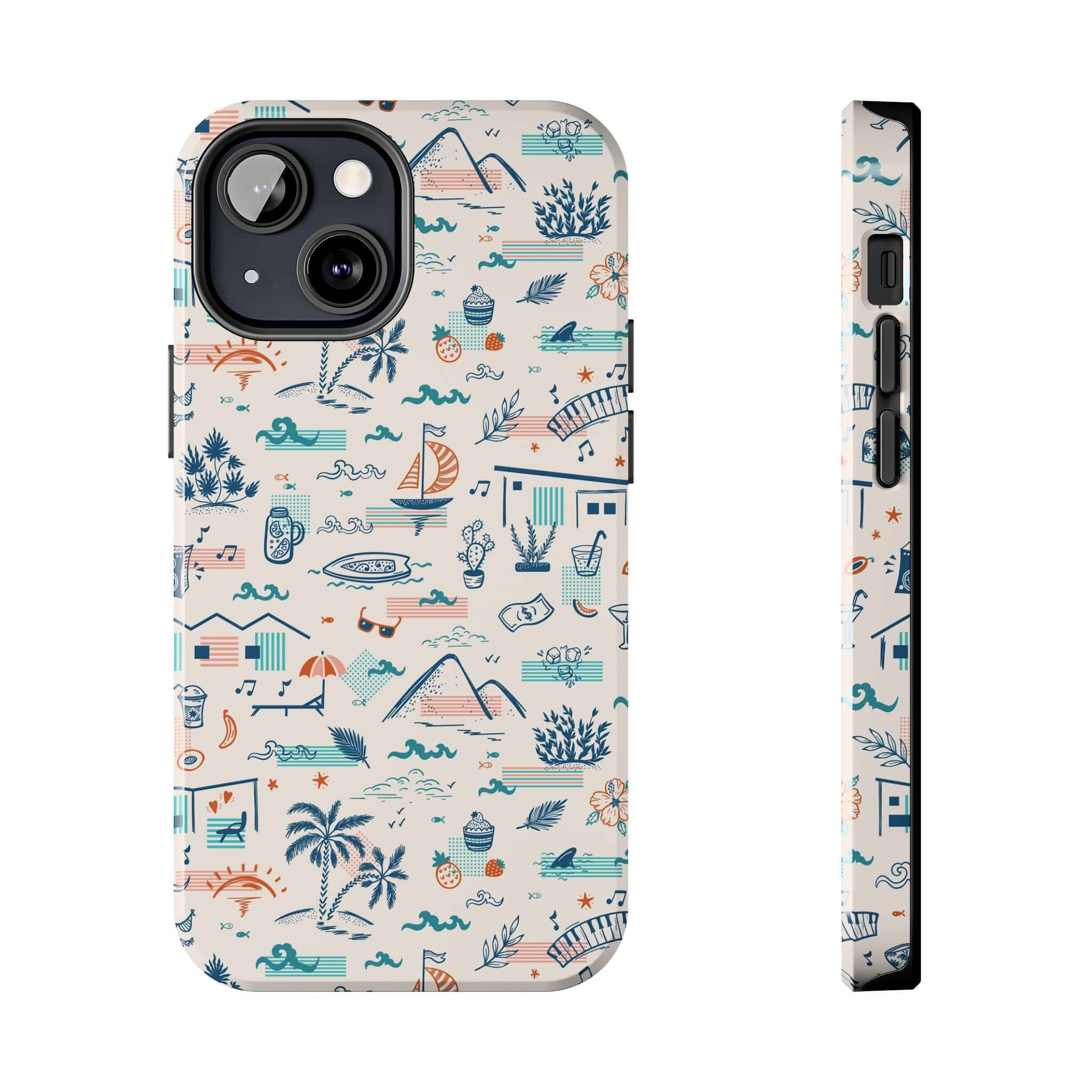 Colorful iPhone case with summer vacation design featuring palm trees, mountains, and beach items for iPhone 14 Pro Max or Samsung S23.