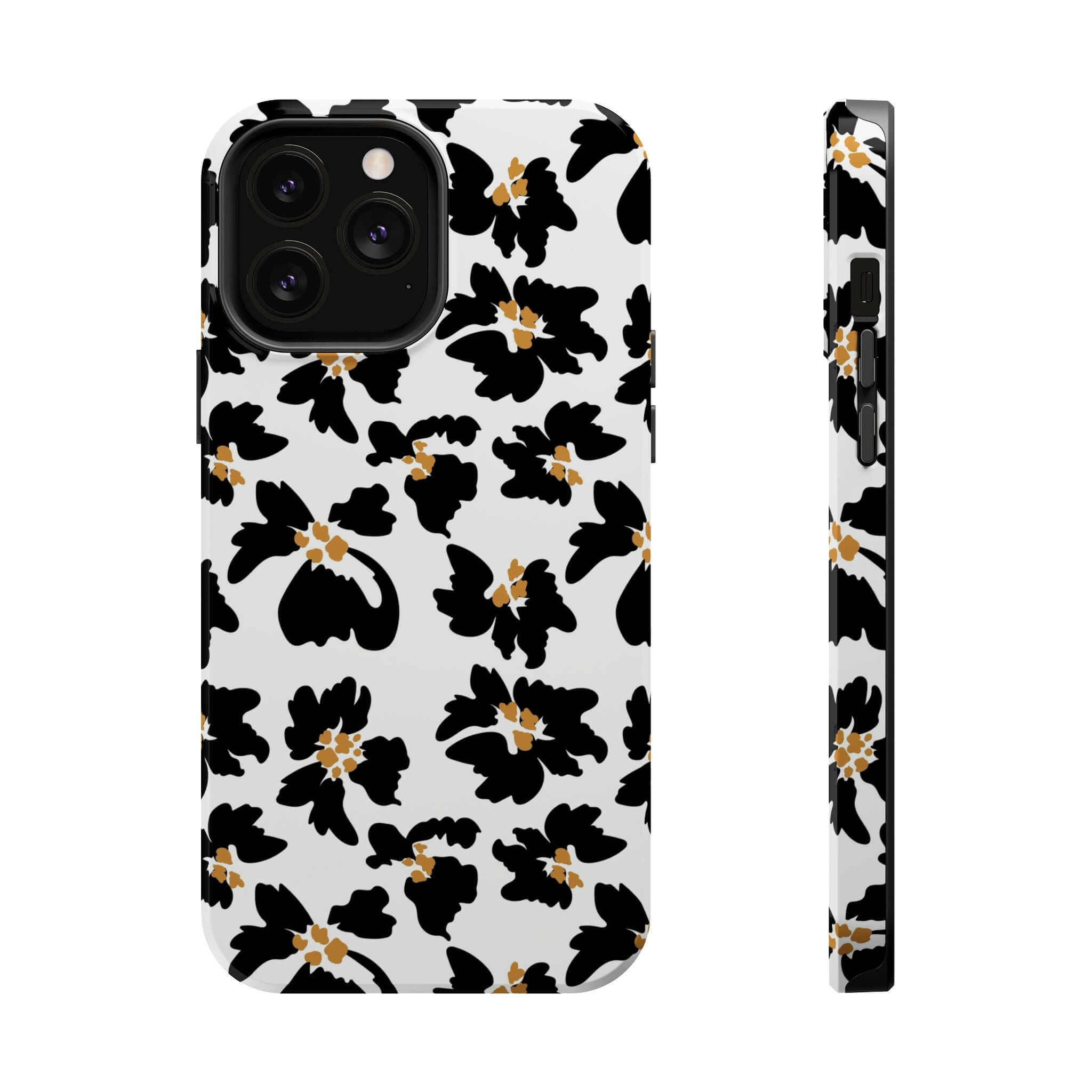 Modern Black Floral iPhone Case with Cute Animal Print Design, Compatible with MagSafe, Stylish Protection for Fashion-Forward Users.