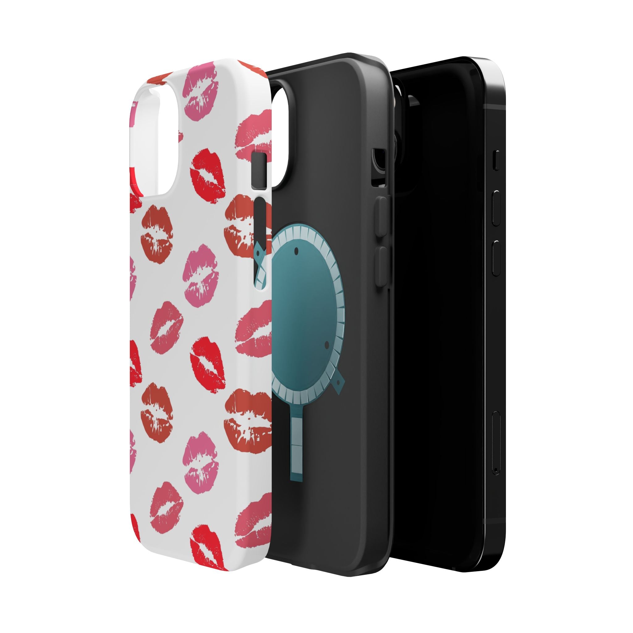 Cute Kisses phone case with lip designs for iPhone, showcasing stylish protection and playful flair.