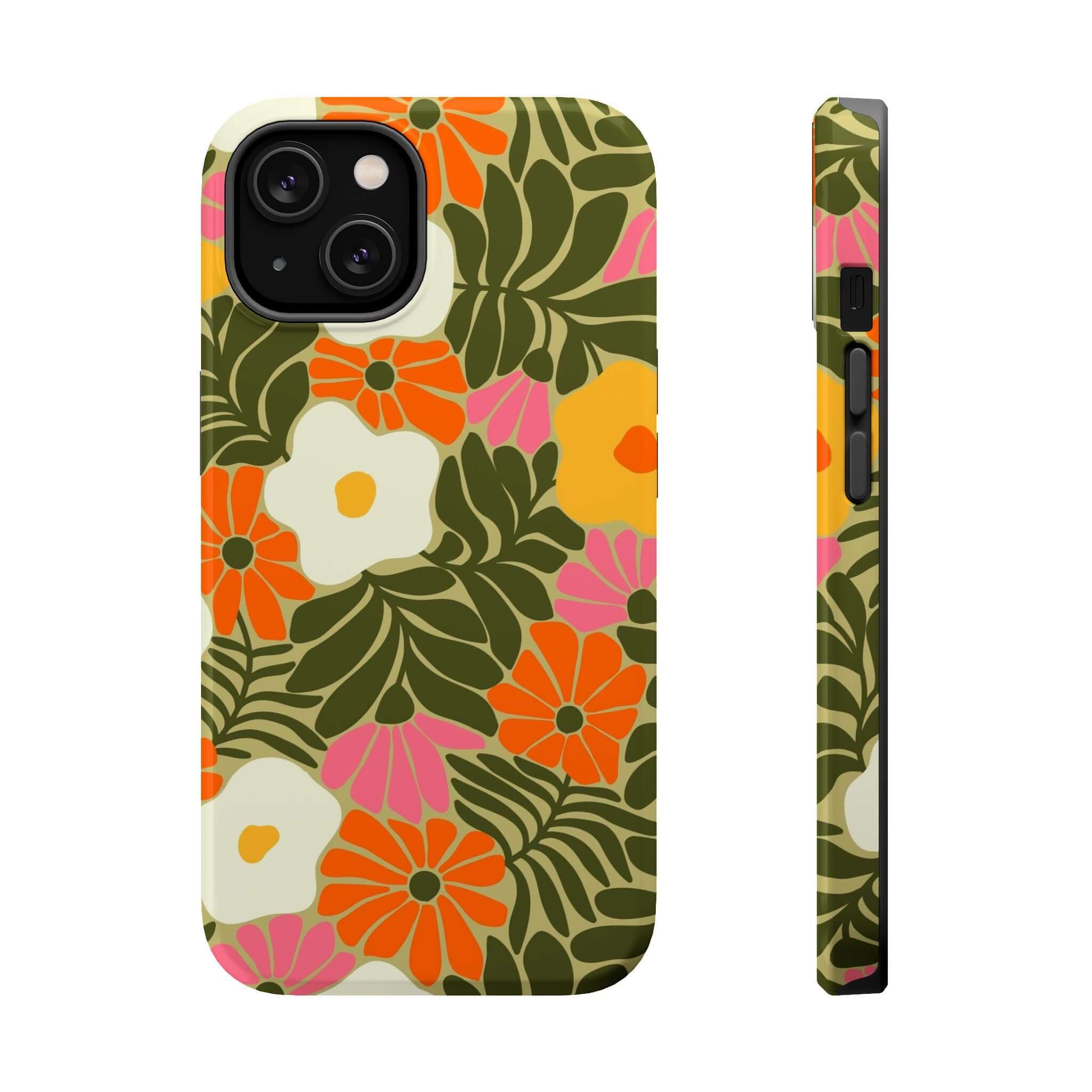 Retro floral iPhone case with vibrant tropical flowers, perfect cute phone cover for beach vibes and style.