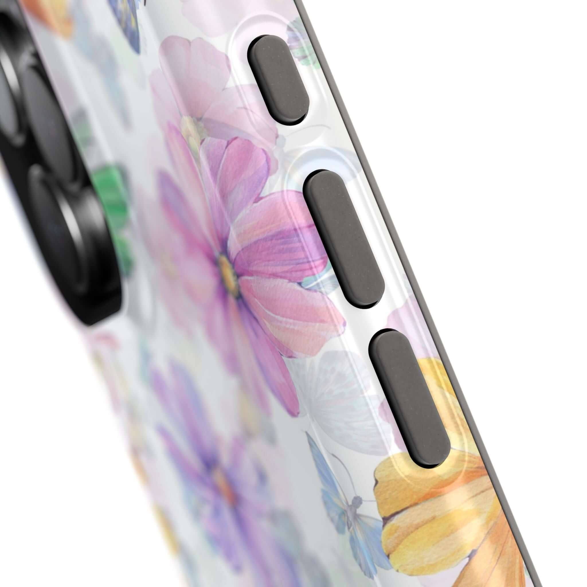 Close-up of Fluttering Blooms Watercolor Butterfly Case showing floral design for MagSafe iPhone 16 and cute protective phone case.