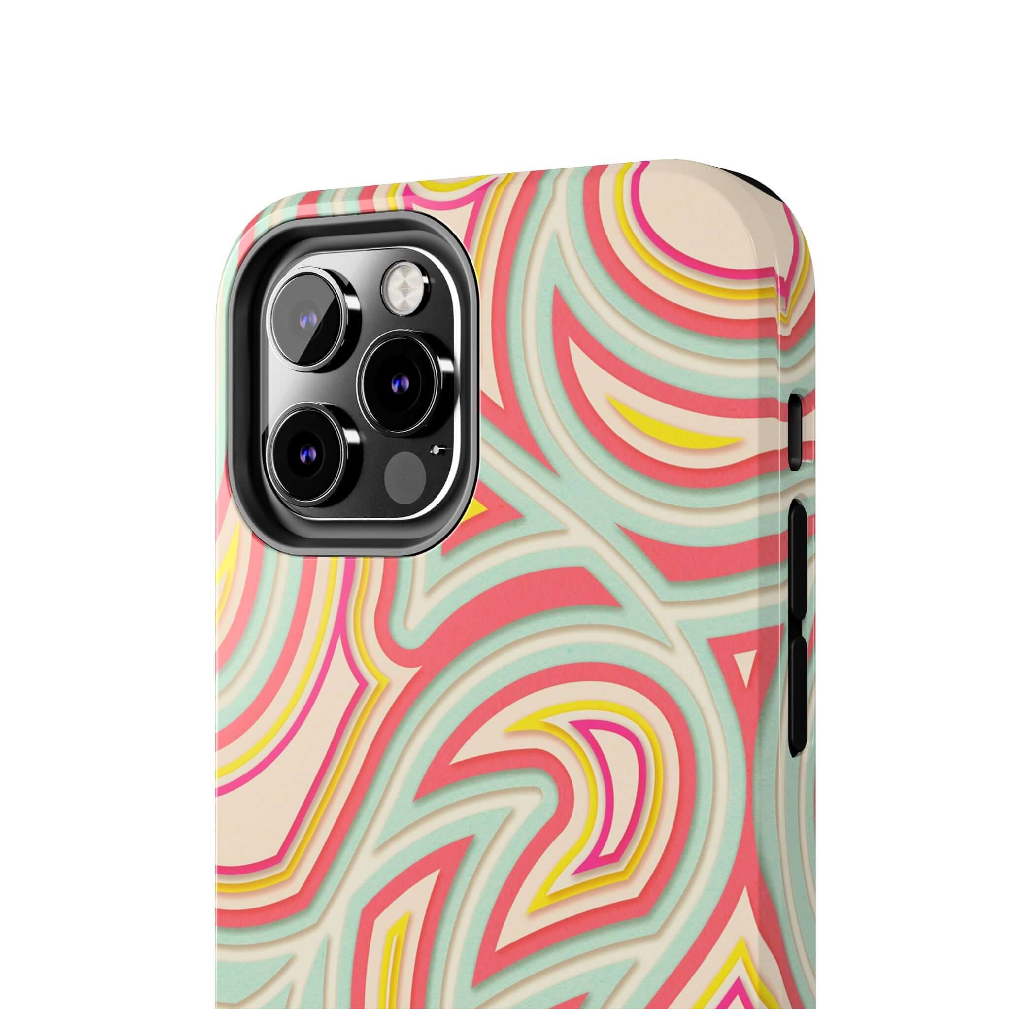 Retro abstract phone case with colorful swirls and flowers designed for iPhone and Samsung, cute and protective.