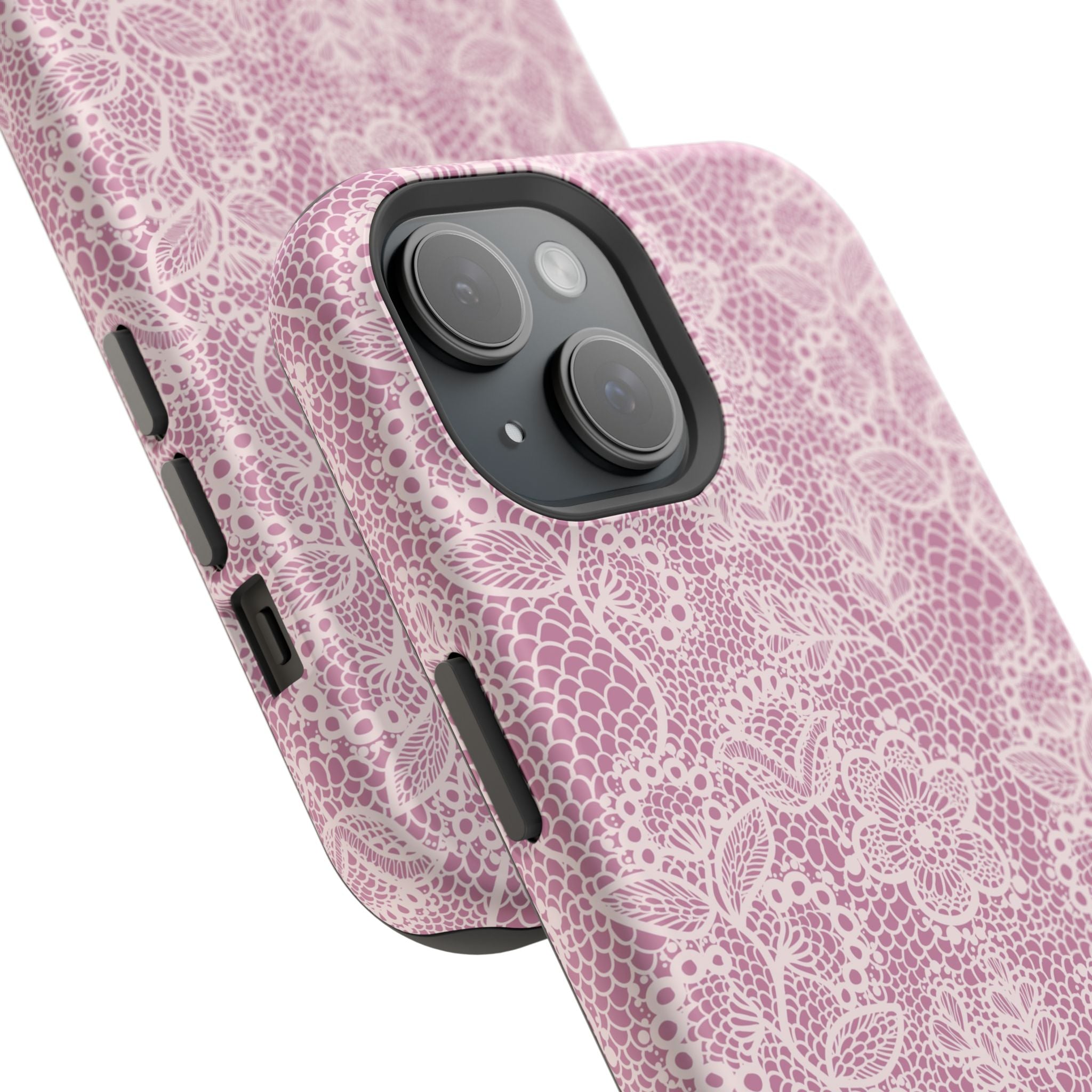 MagSafe iPhone case with pink lace design, offering a cute floral phone cover with country charm and playful style.