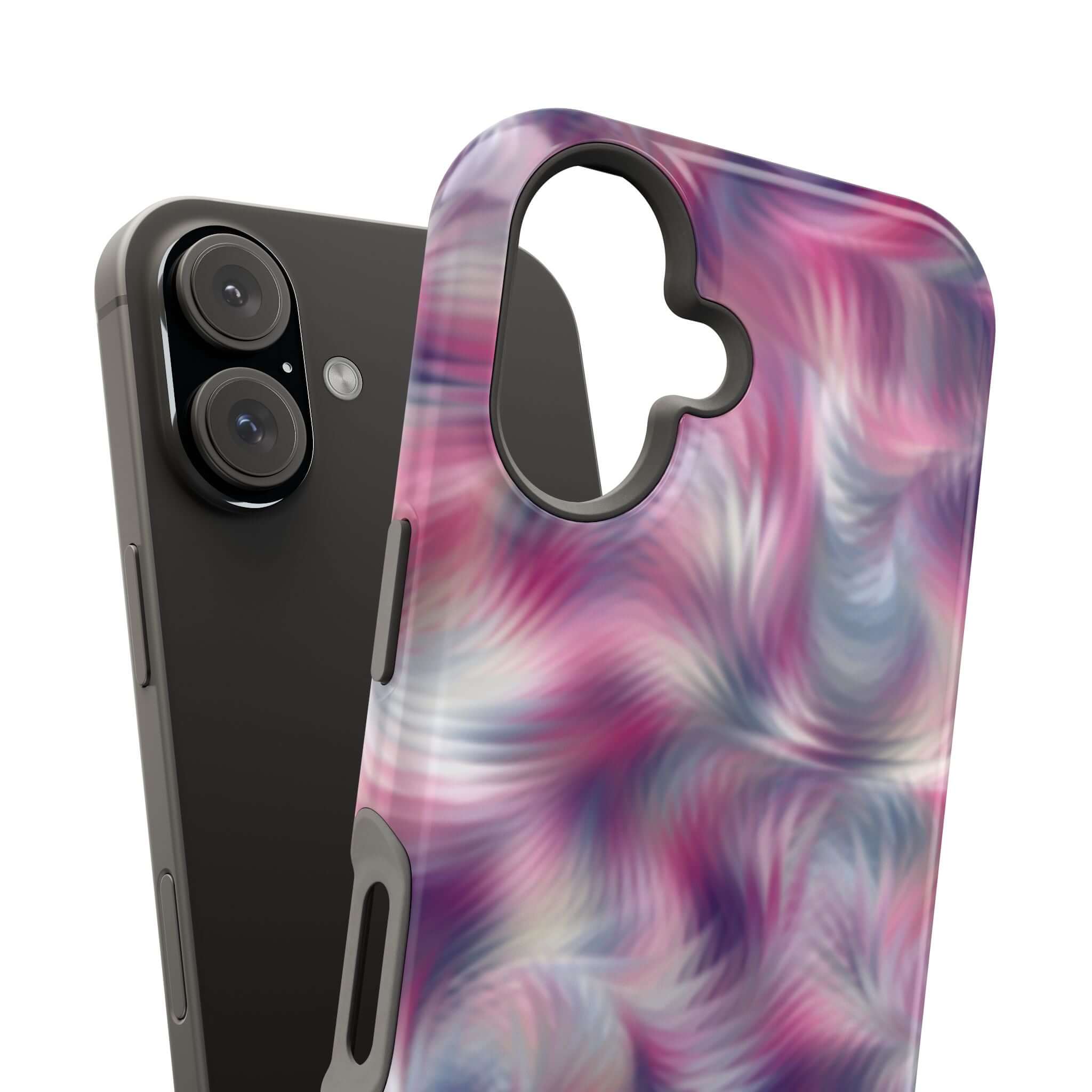 Purple abstract MagSafe iPhone case with tie dye swirl, unique cute phone cover with floral vibes, fun design for playful personality.