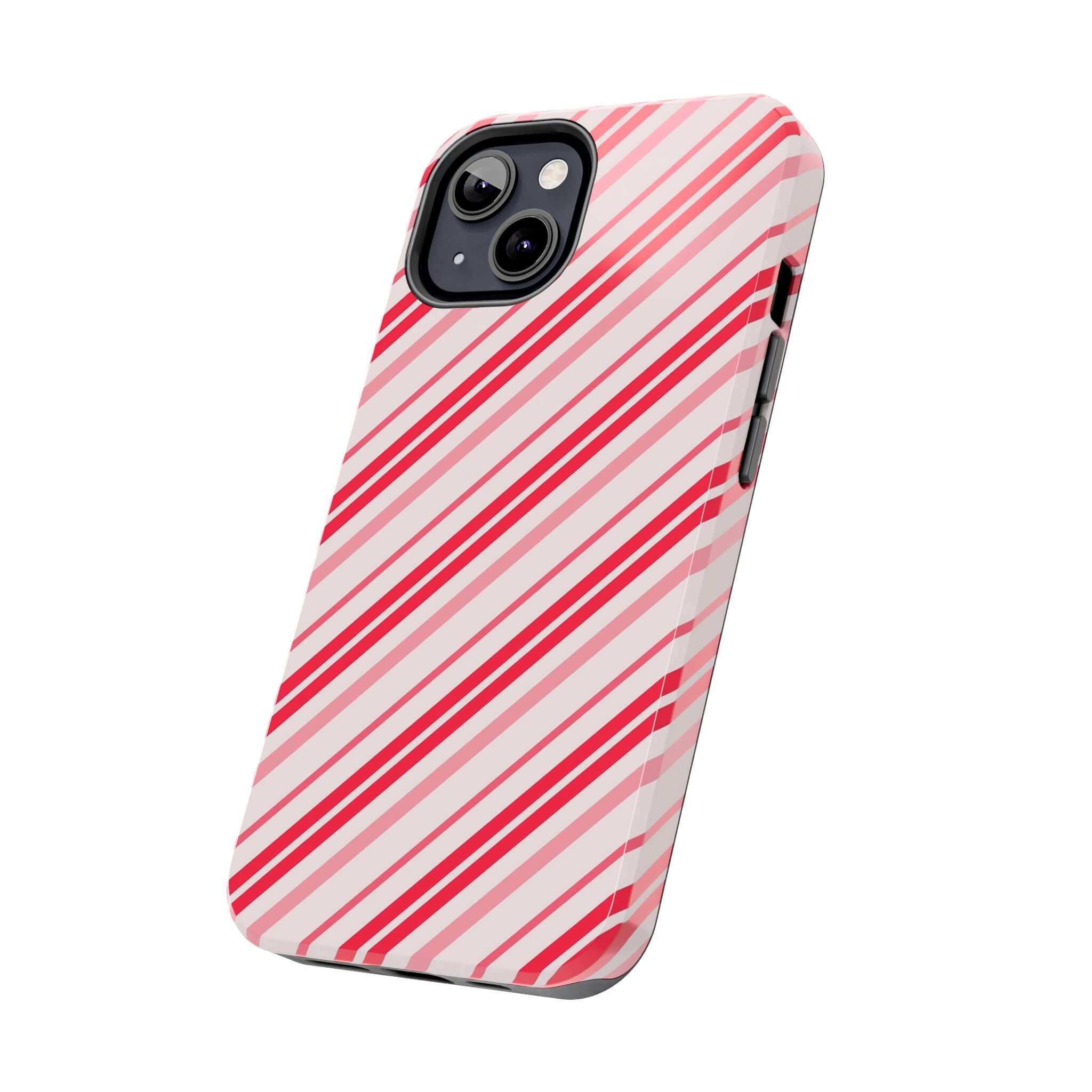 Cute iPhone case with red and white stripes, perfect for holiday style and custom phone case design.