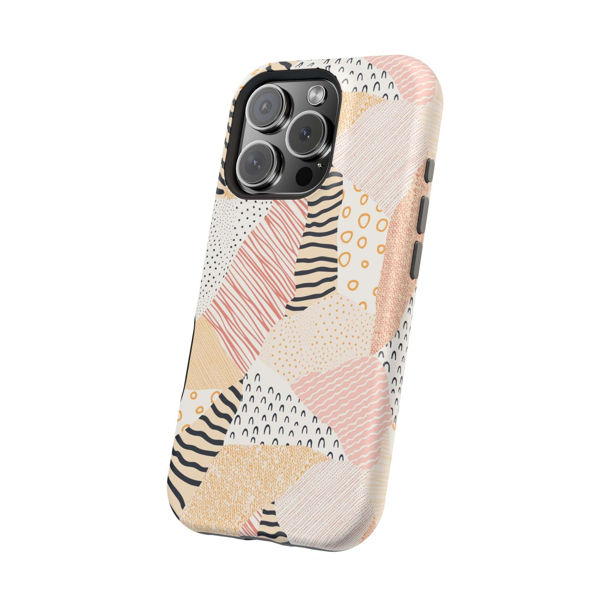 Colorful pastel patchwork phone case for iPhone 16, featuring cute and vibrant peach accents for a unique look.