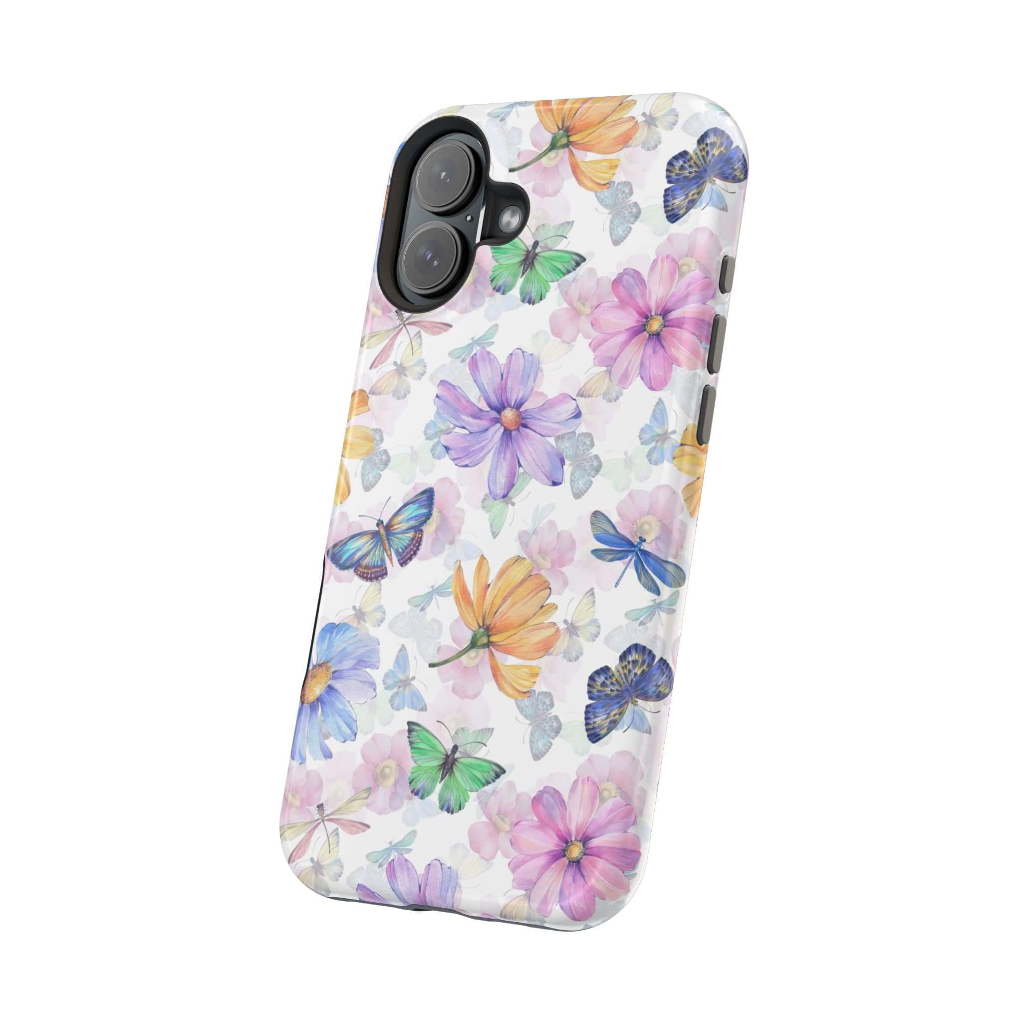 Fluttering Blooms MagSafe iPhone Case with watercolor butterfly and flower design, cute protective phone case for iPhone 16.