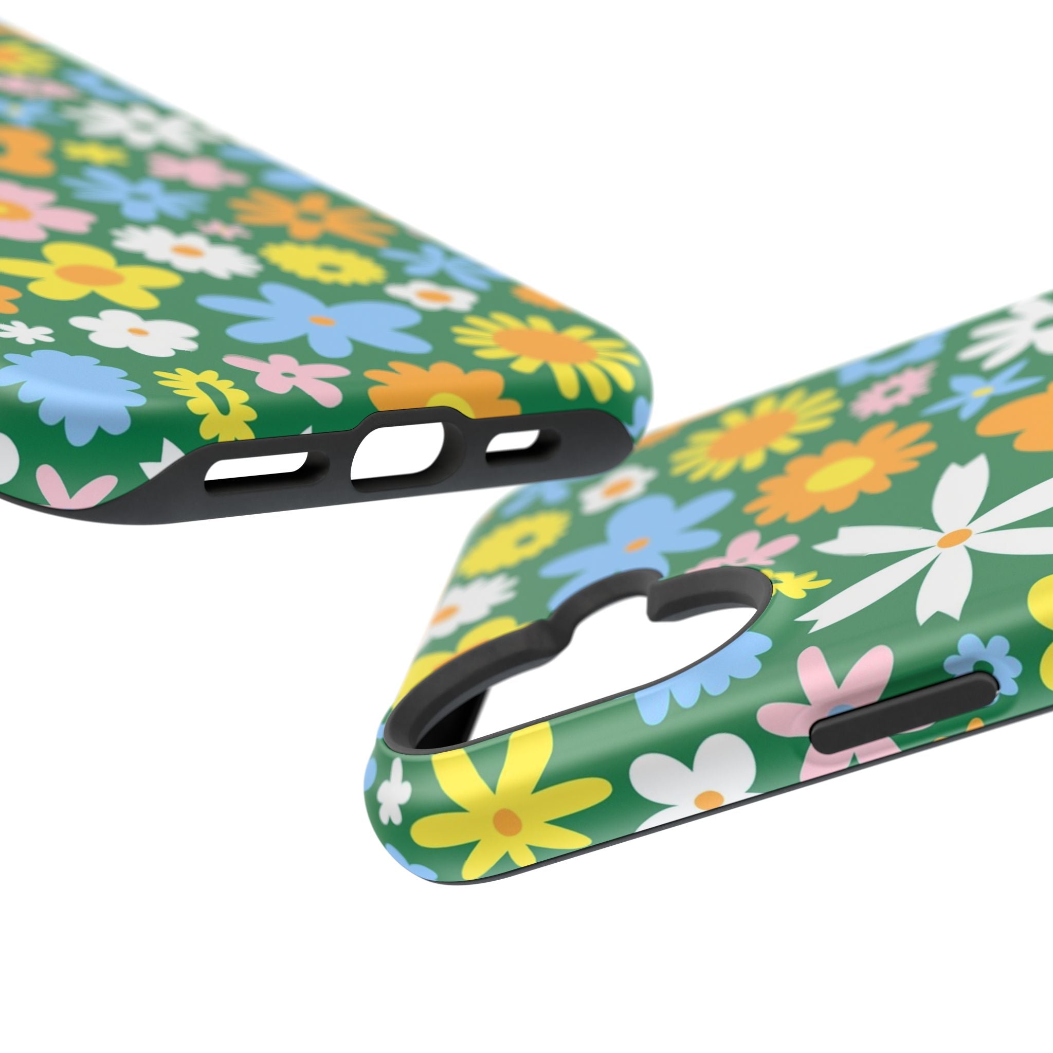 Vibrant hippie floral MagSafe iPhone case with colorful flowers on a green background, a cute phone cover for style and protection.