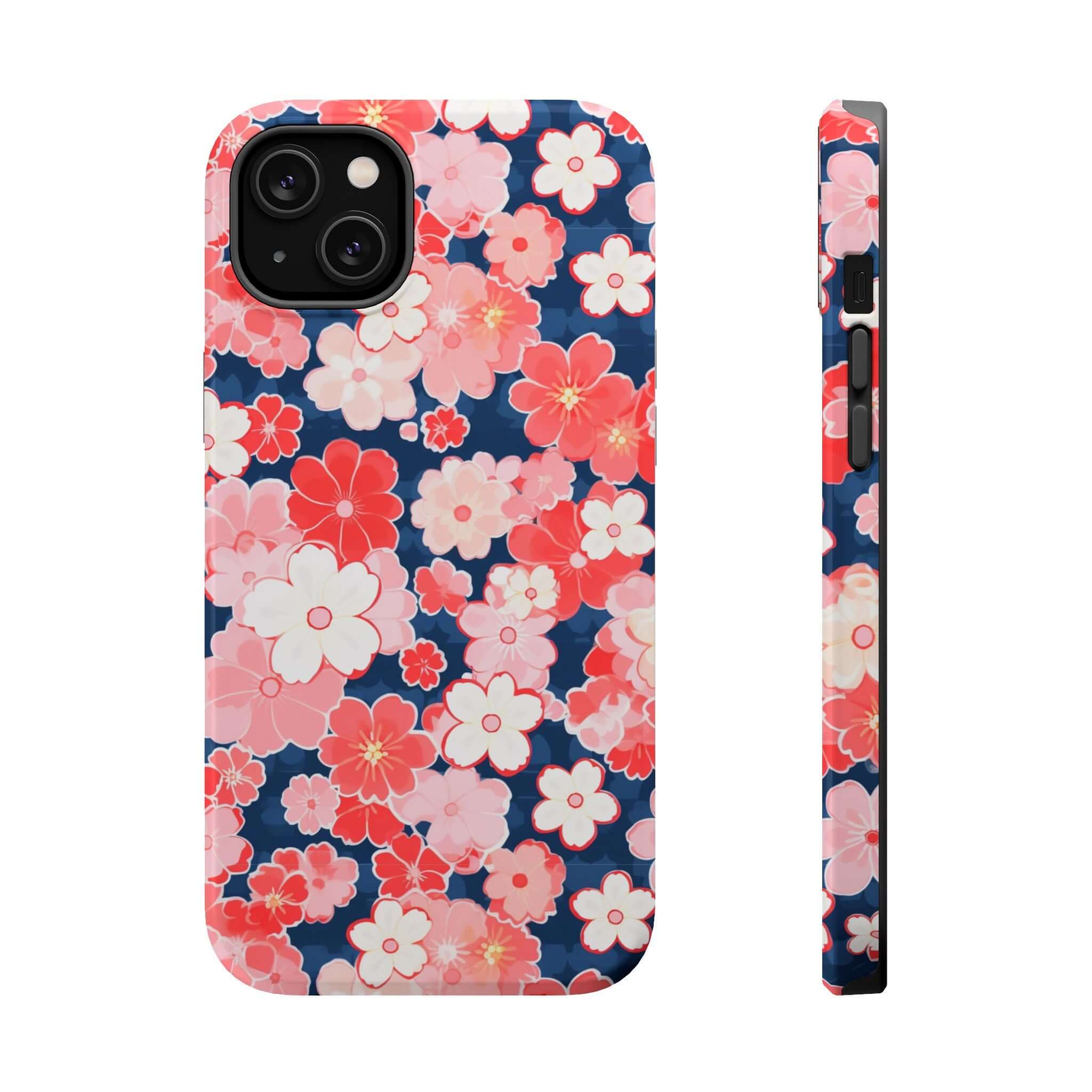 Pink floral iPhone 14 Pro Max case, front and side view showing vibrant floral design on a protective phone case with free shipping.