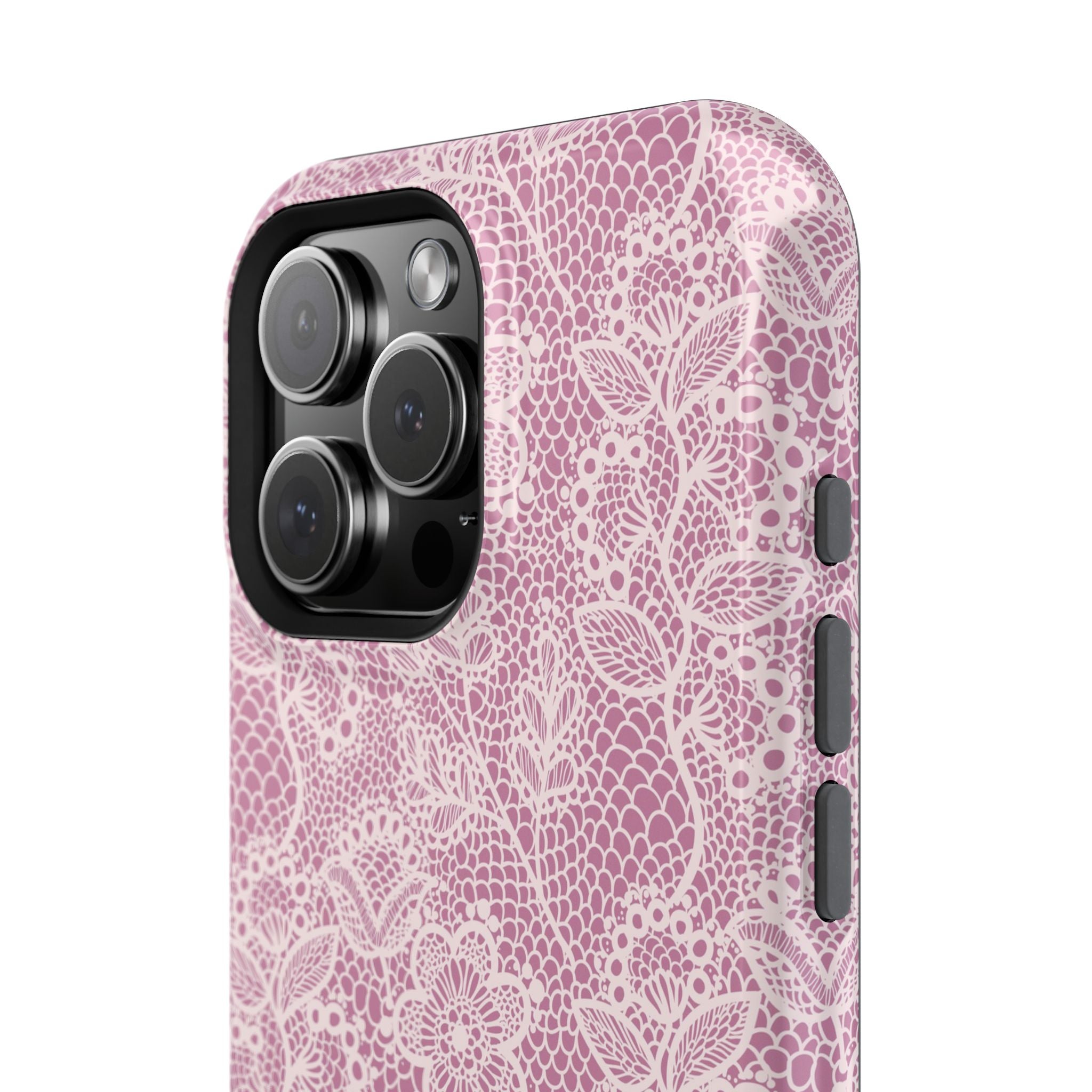 Pink lace floral MagSafe iPhone case with country charm style and cute design. Perfect protective phone cover for flair and function.