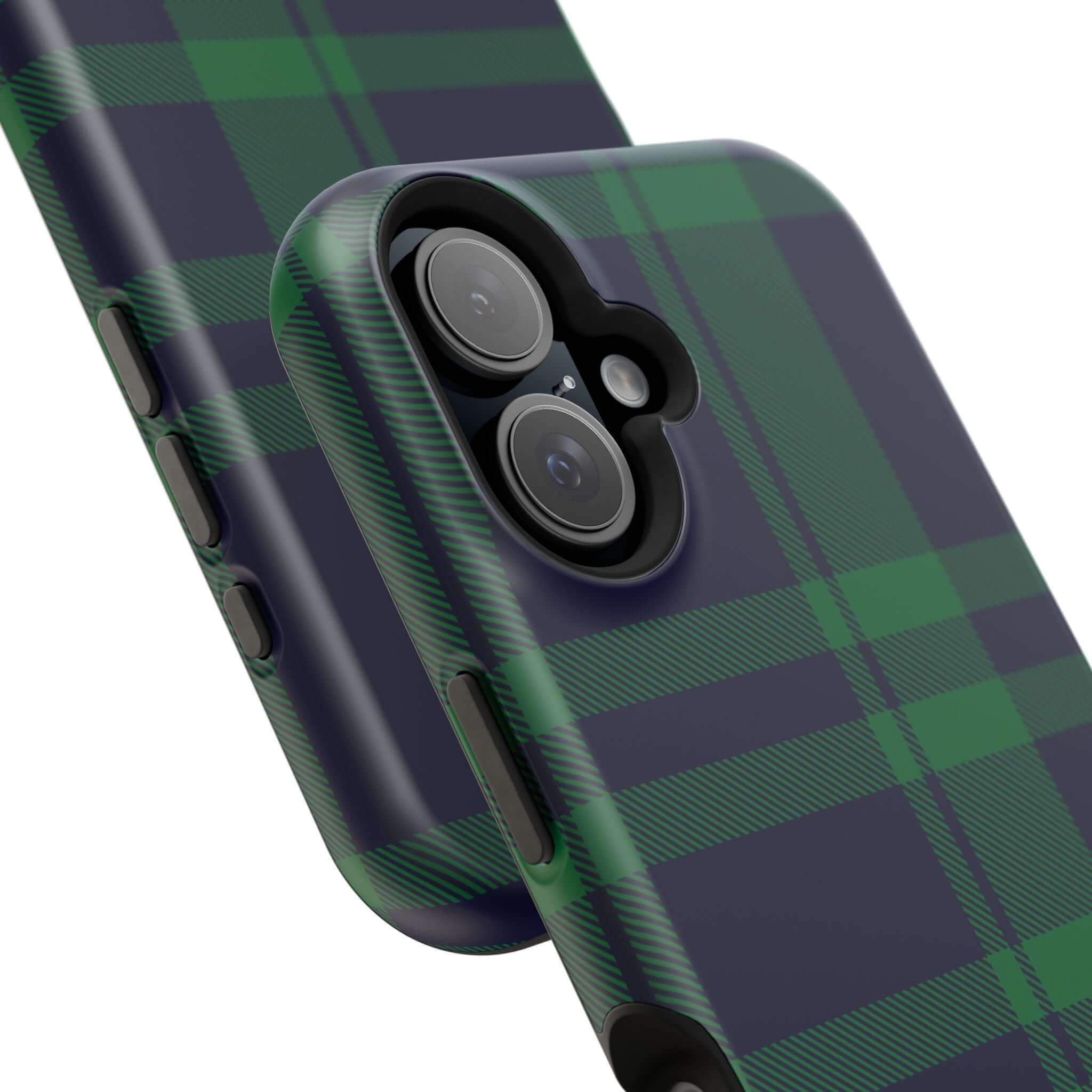 Mistletoe Plaid MagSafe Case with green and navy plaid design, perfect as a cute phone cover for the holidays.