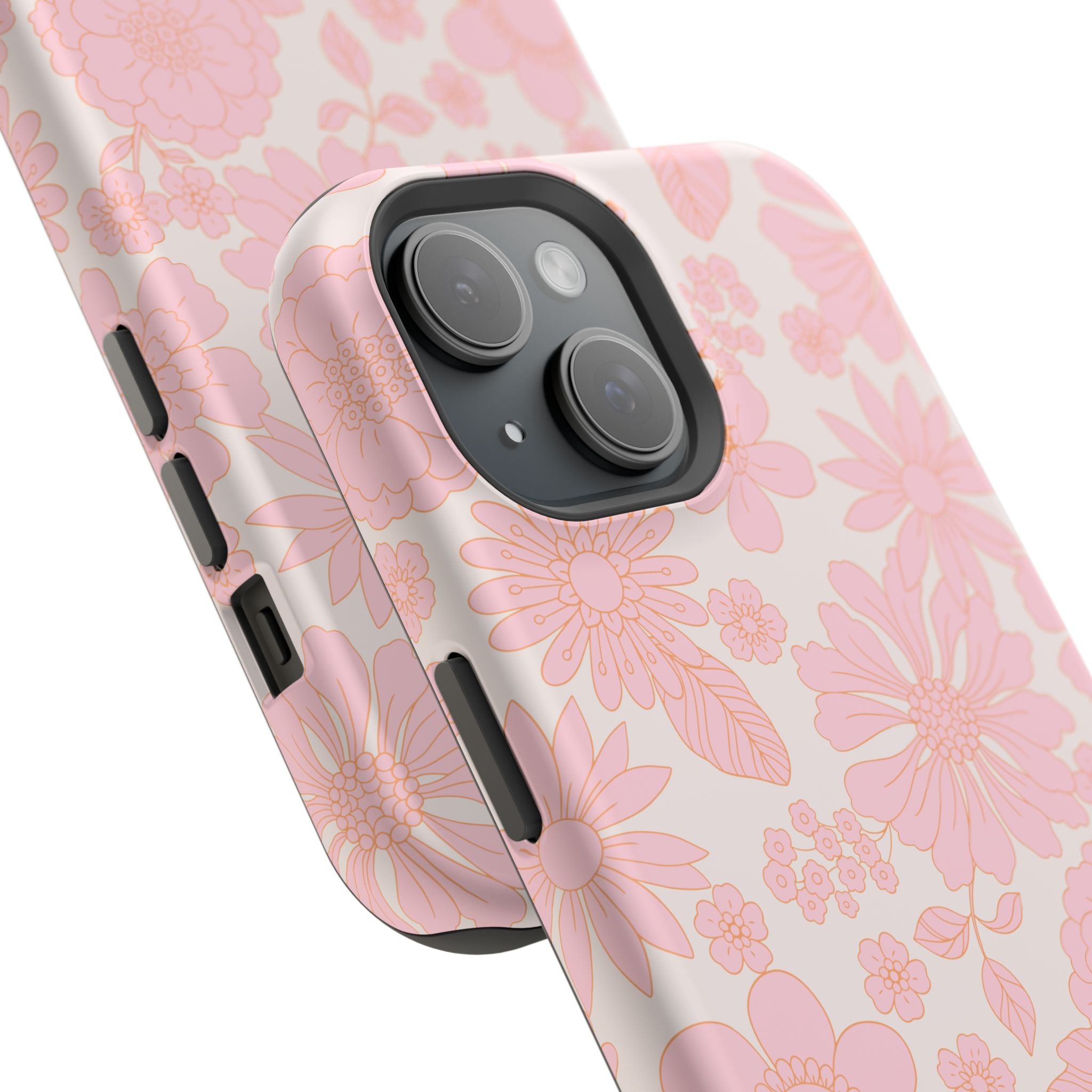 Pink floral MagSafe phone case for iPhone 16, embracing cottagecore aesthetic. Cute and protective iPhone case design.