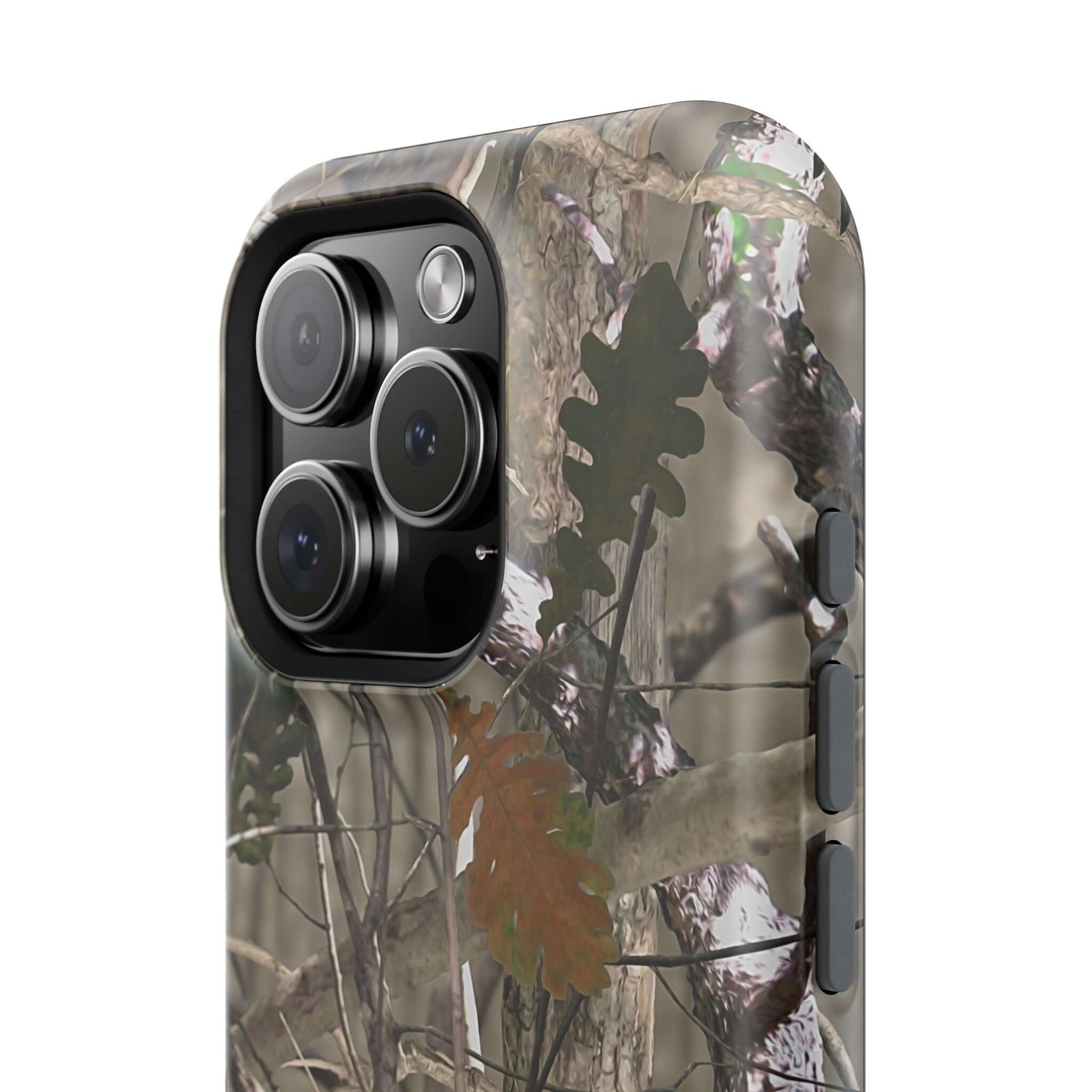 Forest camo MagSafe phone case with animal print design, perfect for a modern, cute style on an iPhone.