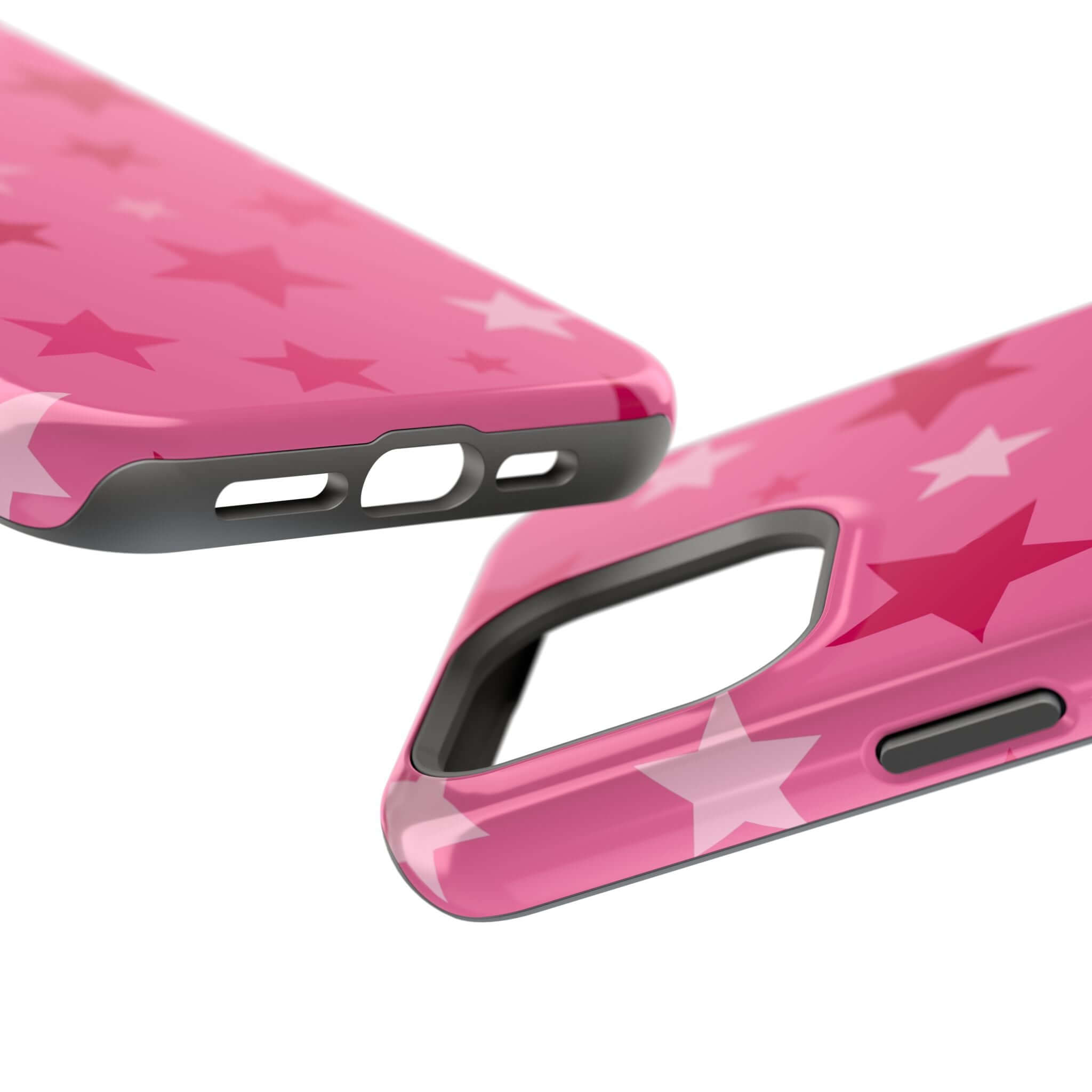 Cute pink stars case for iPhone, featuring a glossy finish and precise cutouts for buttons and ports. Perfect accessory for trendsetters!