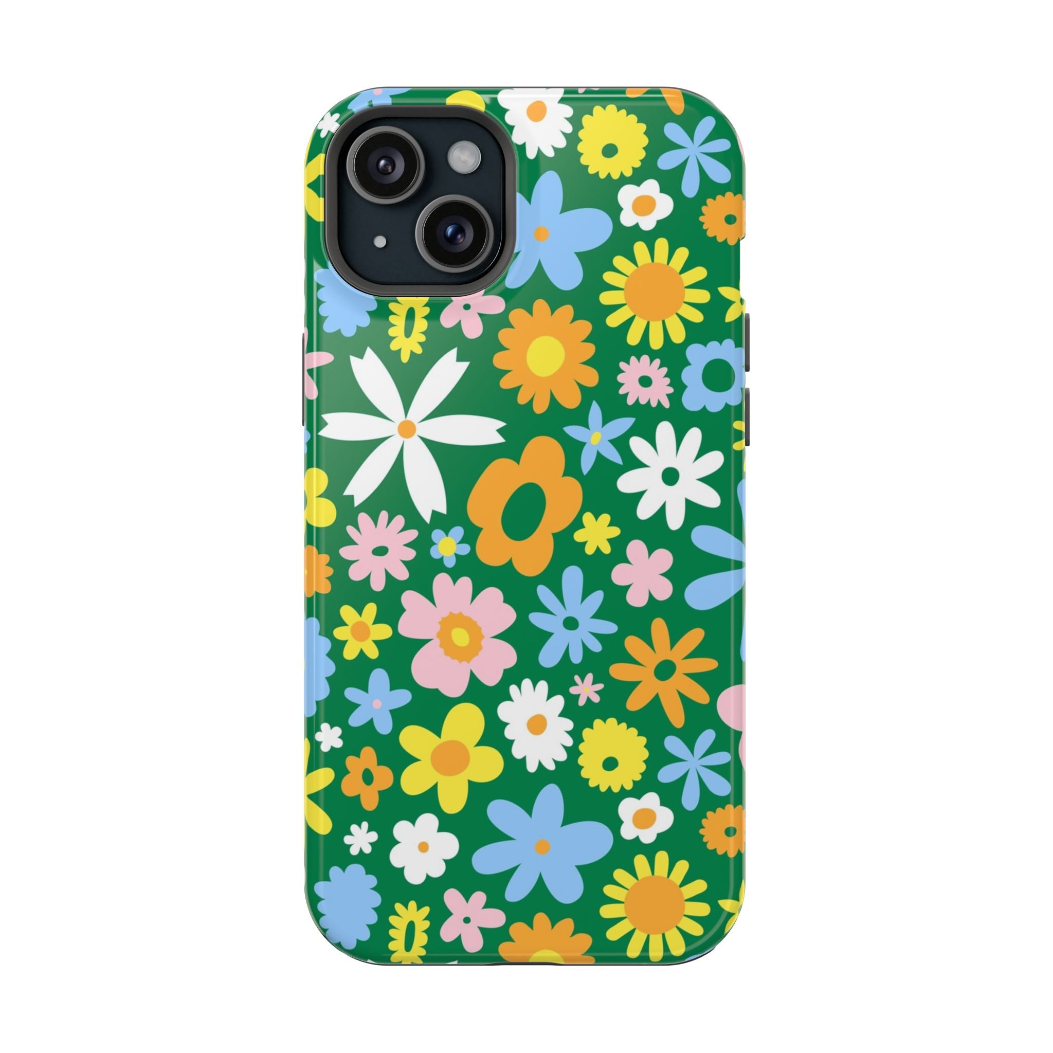 Vibrant MagSafe iPhone case with hippie floral design on green, perfect cute phone cover for floral lovers.