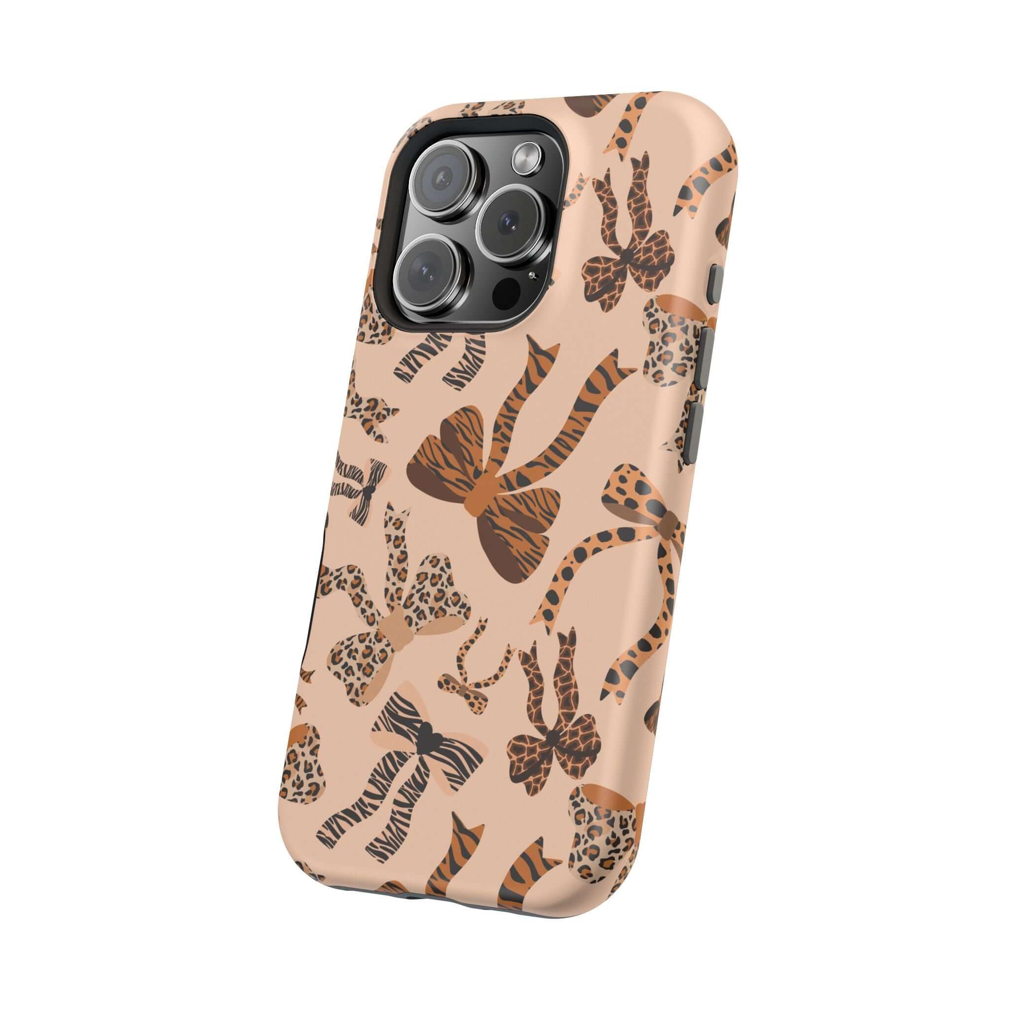 Colorful iPhone case with leopard pattern and cute coquette bows, showcasing a playful and abstract design for a stylish phone accessory.